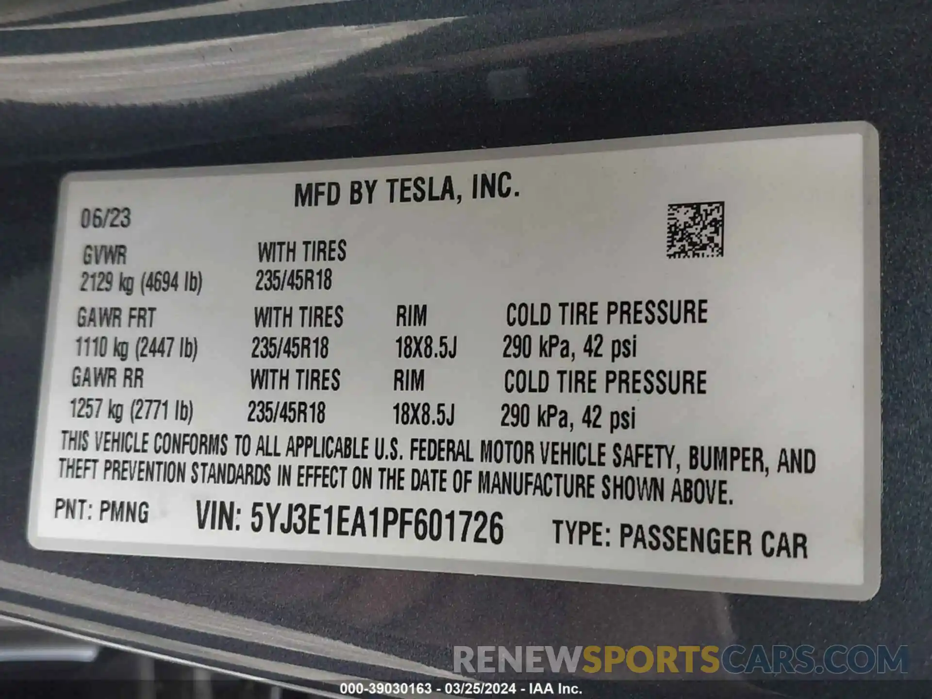 9 Фотография поврежденного автомобиля 5YJ3E1EA1PF601726 TESLA MODEL 3 2023