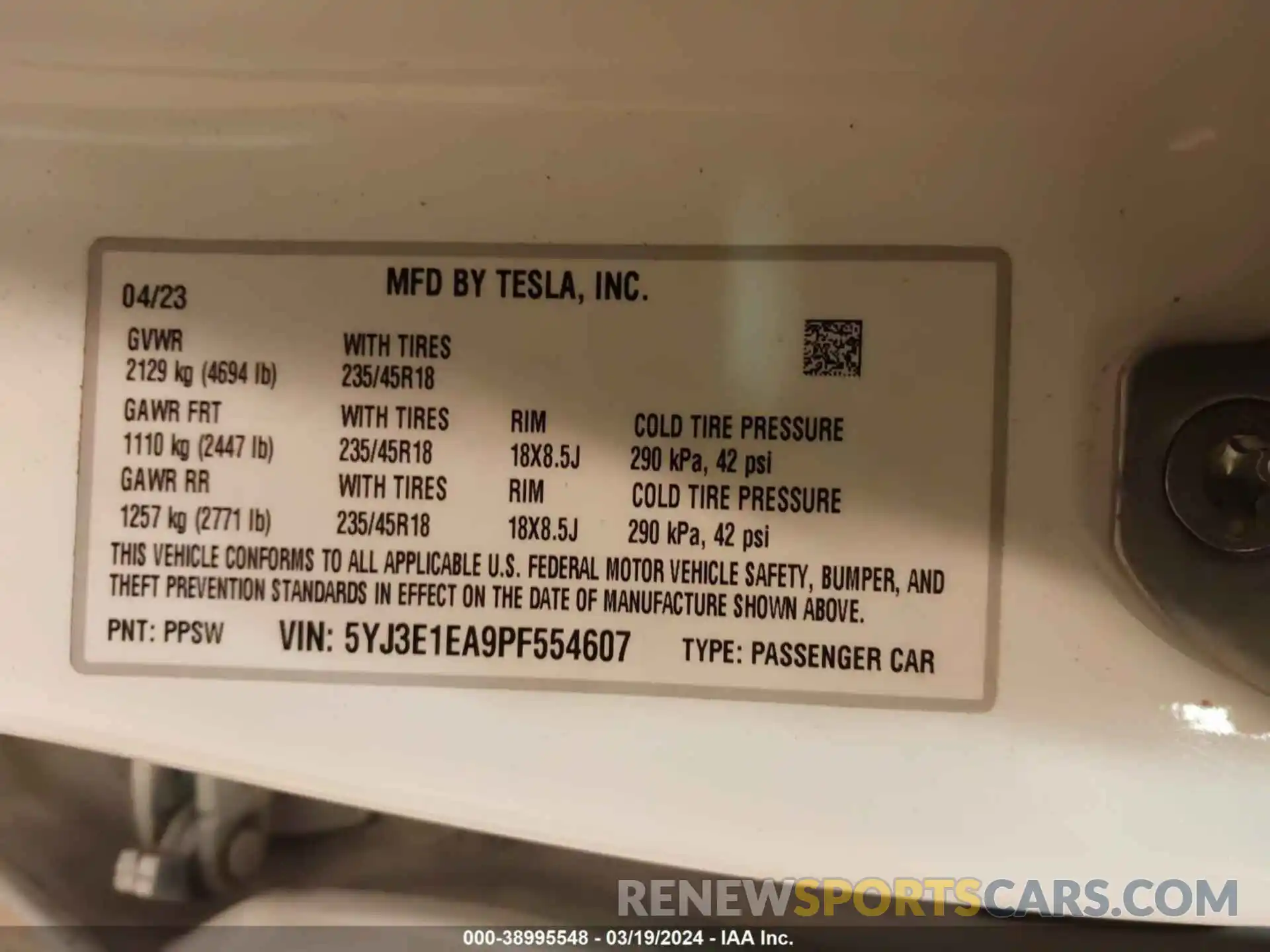 11 Фотография поврежденного автомобиля 5YJ3E1EA9PF554607 TESLA MODEL 3 2023