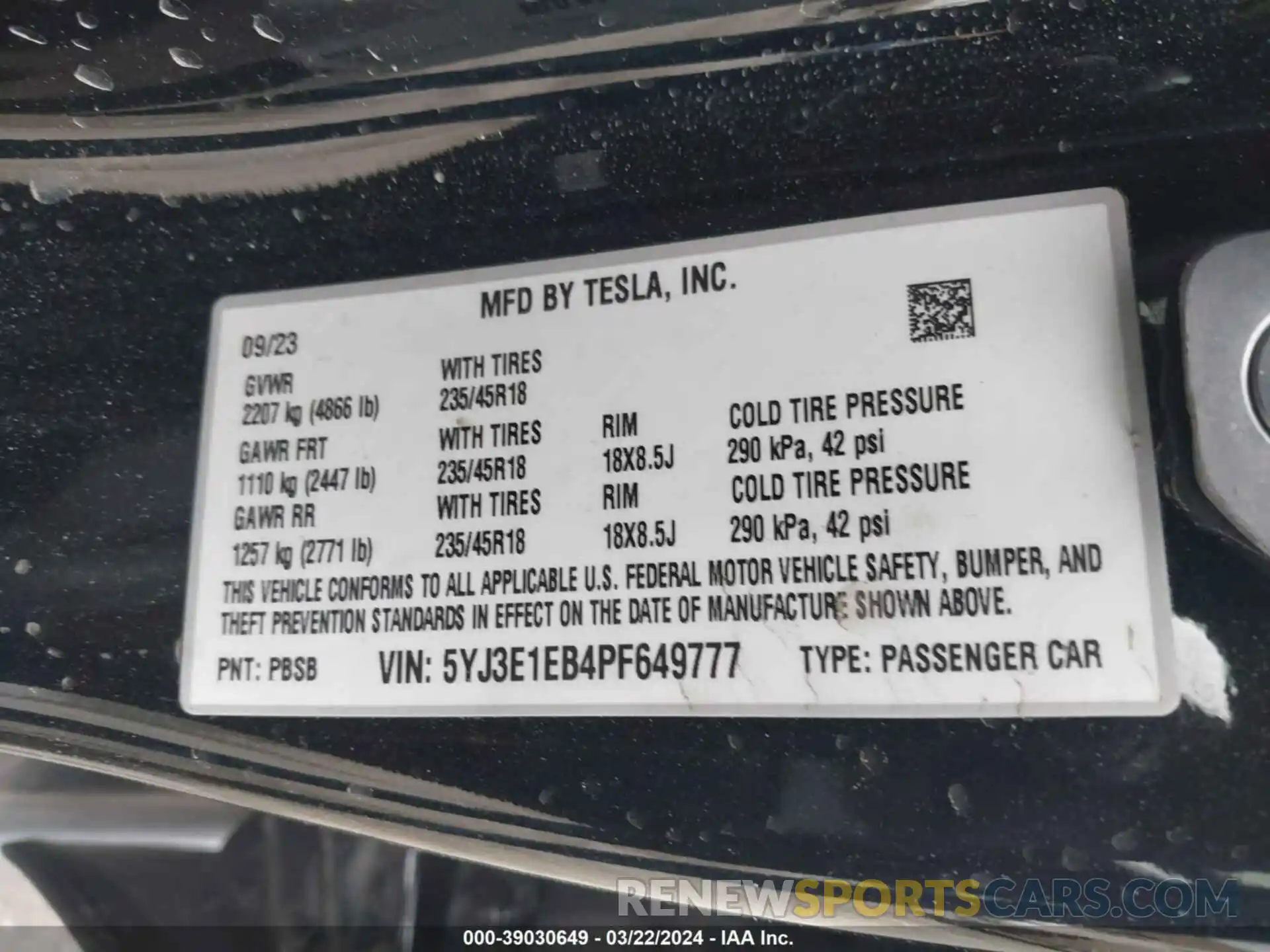 9 Фотография поврежденного автомобиля 5YJ3E1EB4PF649777 TESLA MODEL 3 2023