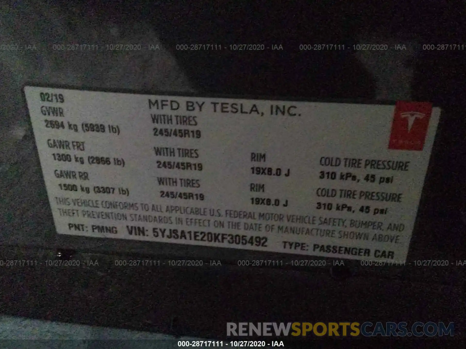 9 Photograph of a damaged car 5YJSA1E20KF305492 TESLA MODEL S 2019