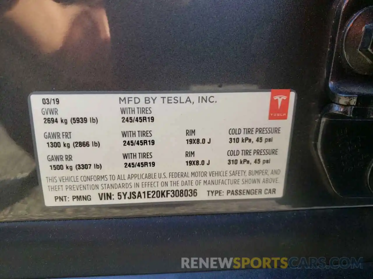 10 Photograph of a damaged car 5YJSA1E20KF308036 TESLA MODEL S 2019