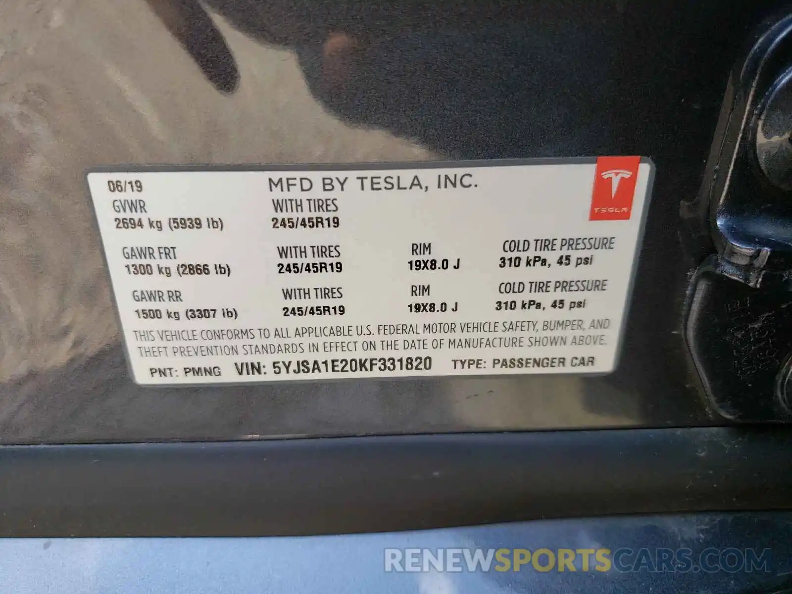 10 Photograph of a damaged car 5YJSA1E20KF331820 TESLA MODEL S 2019