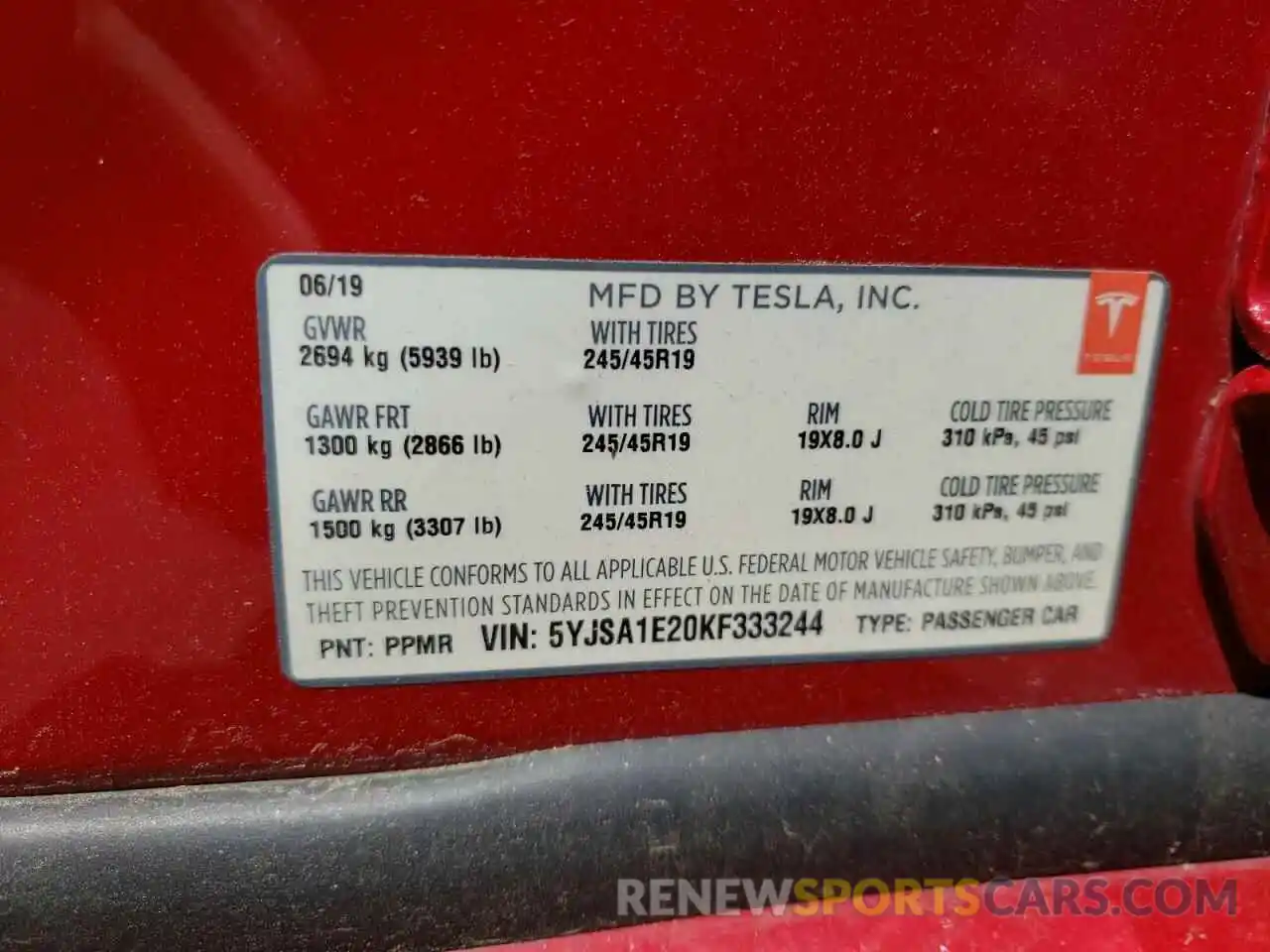 10 Photograph of a damaged car 5YJSA1E20KF333244 TESLA MODEL S 2019