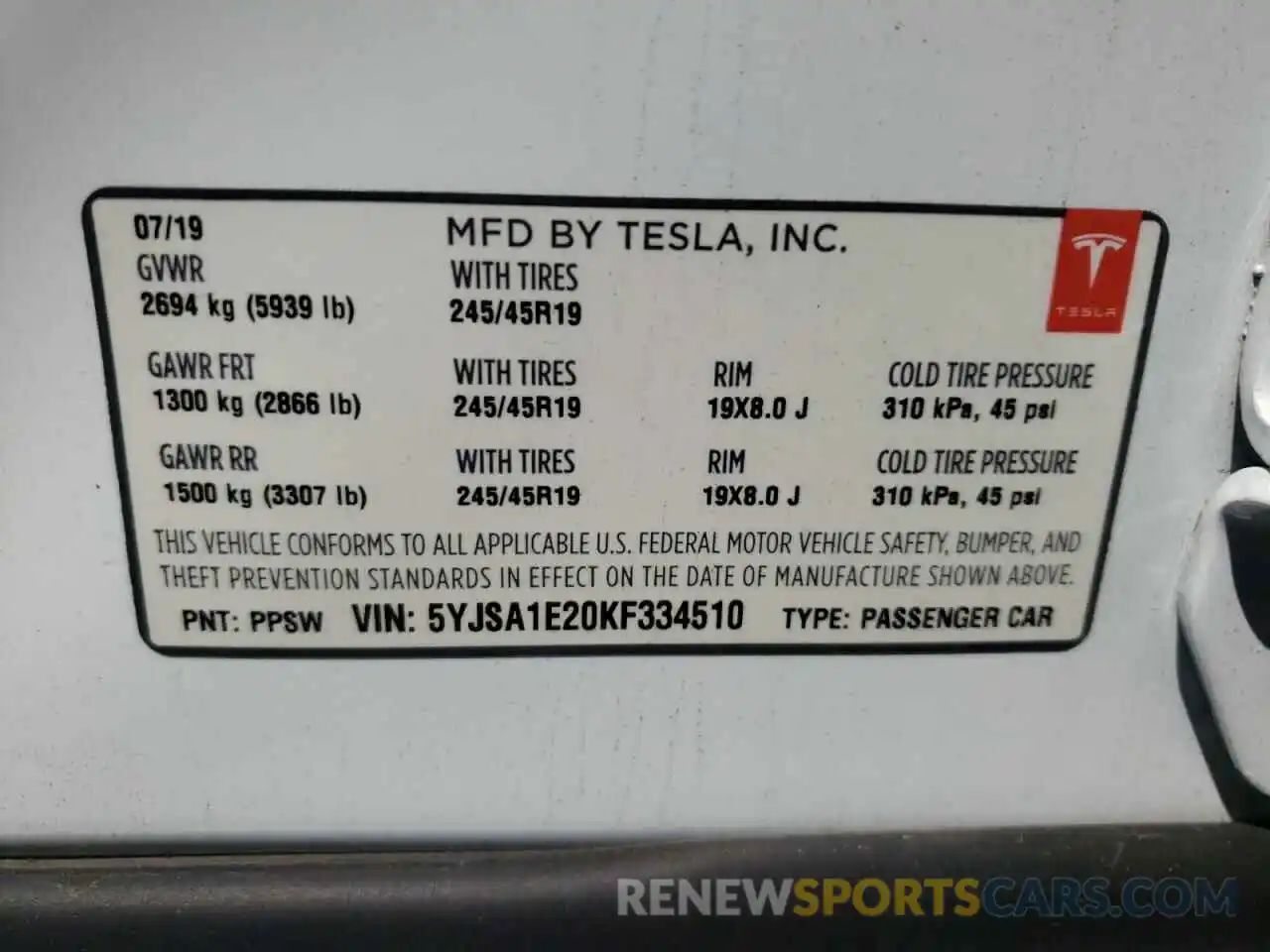 10 Photograph of a damaged car 5YJSA1E20KF334510 TESLA MODEL S 2019