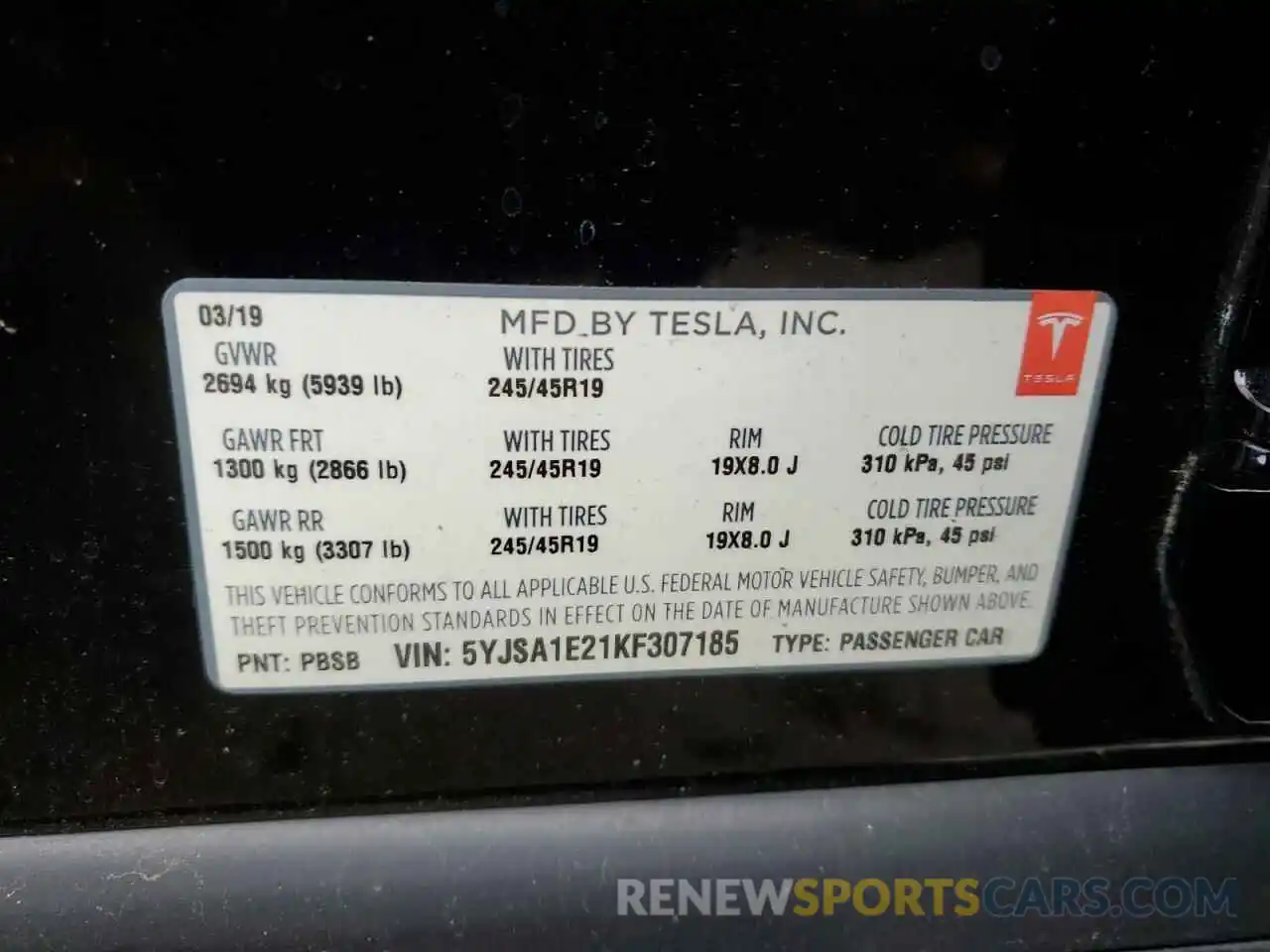 12 Photograph of a damaged car 5YJSA1E21KF307185 TESLA MODEL S 2019