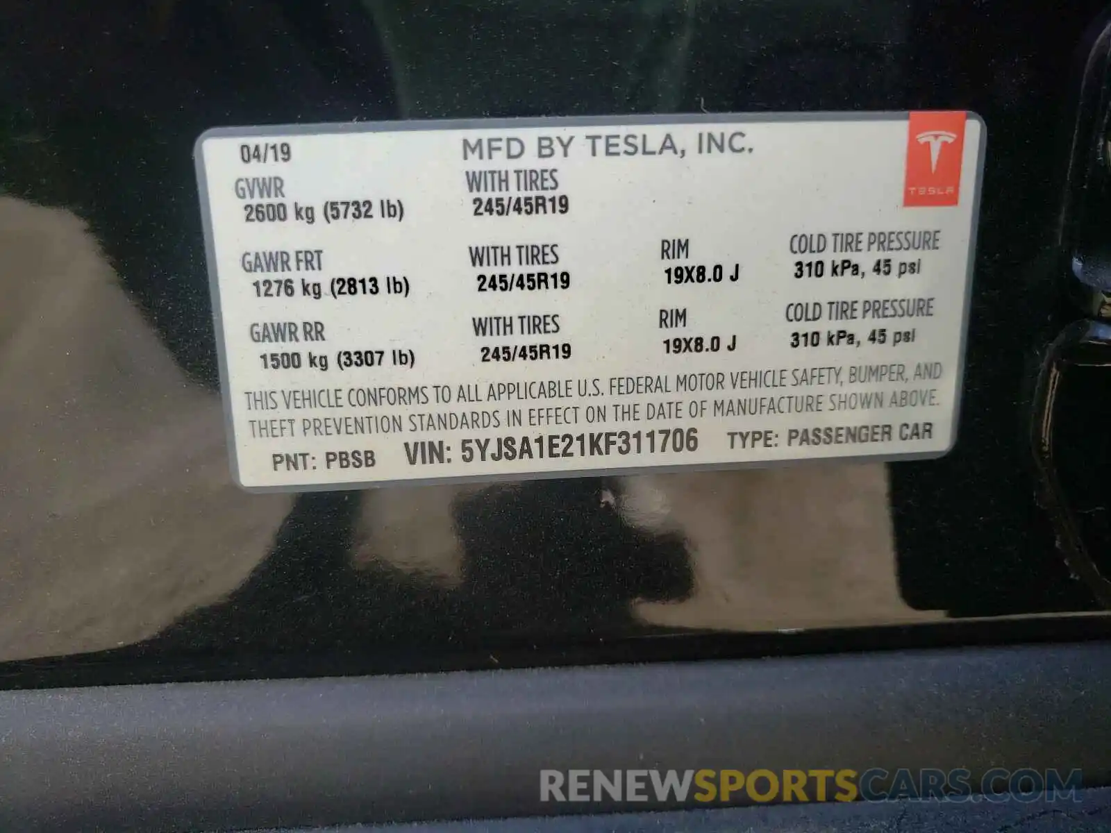 10 Photograph of a damaged car 5YJSA1E21KF311706 TESLA MODEL S 2019