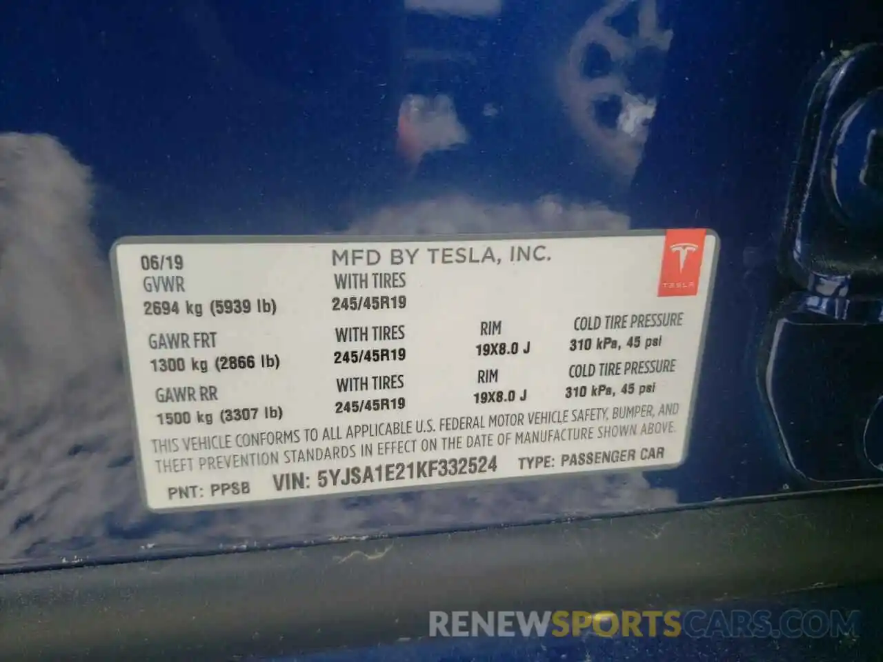 10 Photograph of a damaged car 5YJSA1E21KF332524 TESLA MODEL S 2019