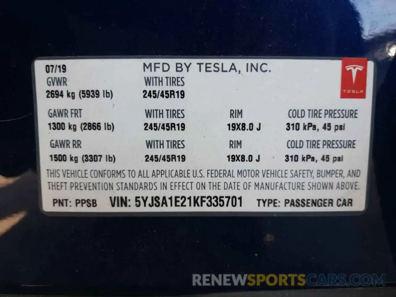 10 Фотография поврежденного автомобиля 5YJSA1E21KF335701 TESLA MODEL S 2019