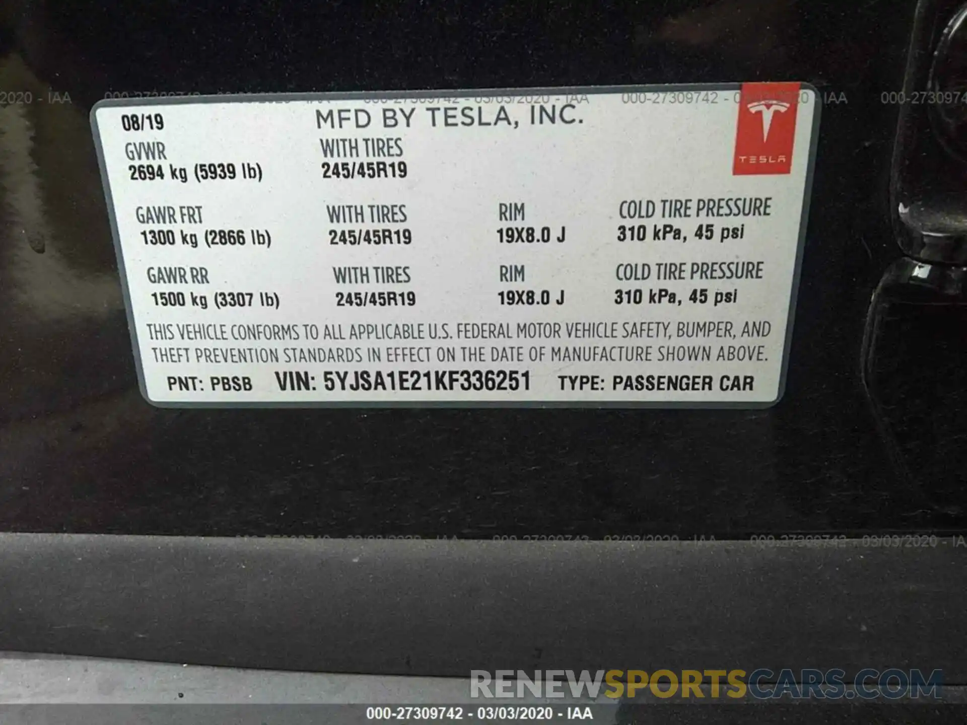 9 Фотография поврежденного автомобиля 5YJSA1E21KF336251 TESLA MODEL S 2019