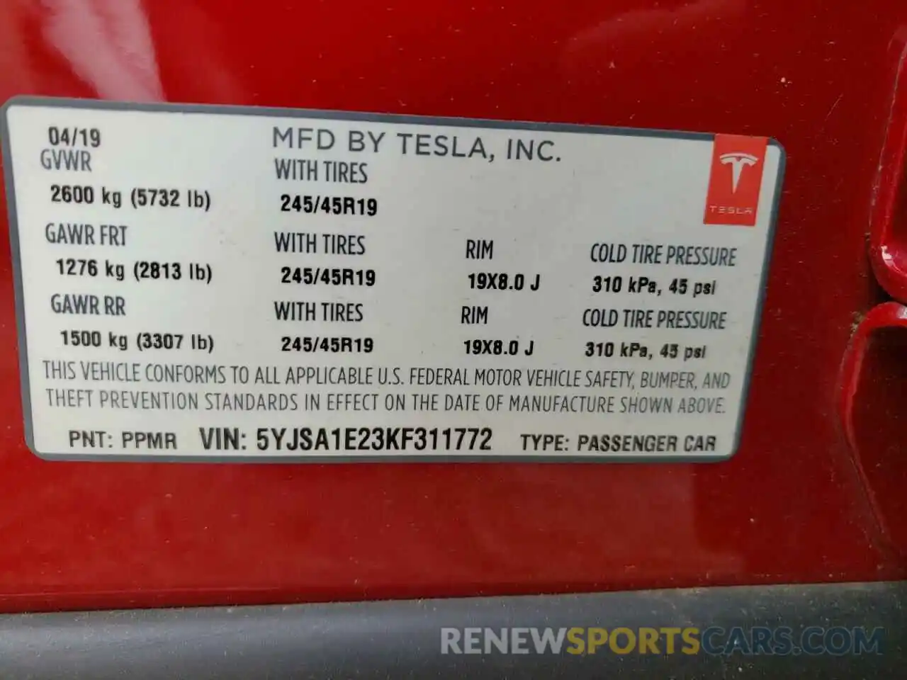 10 Photograph of a damaged car 5YJSA1E23KF311772 TESLA MODEL S 2019