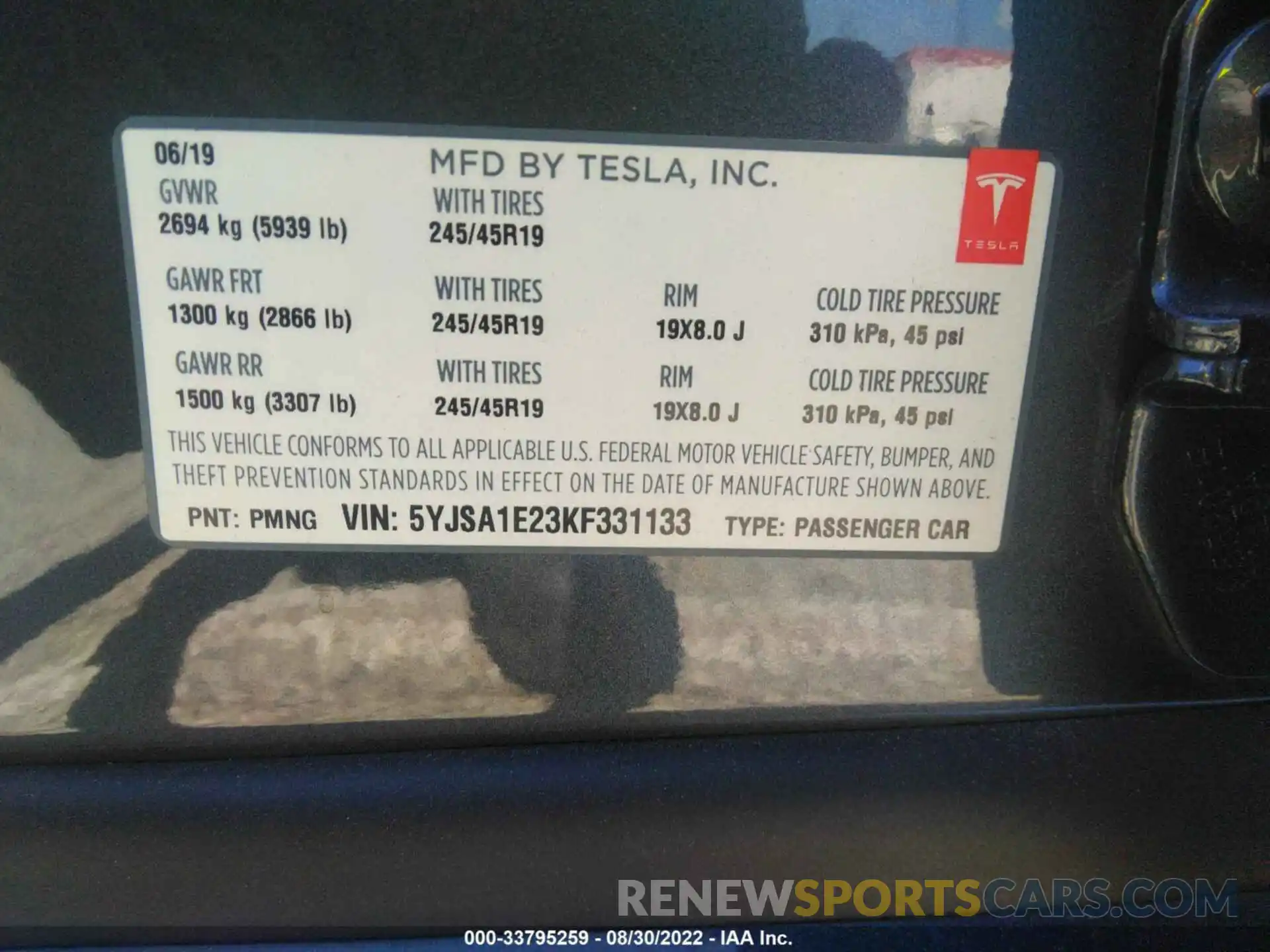 9 Photograph of a damaged car 5YJSA1E23KF331133 TESLA MODEL S 2019