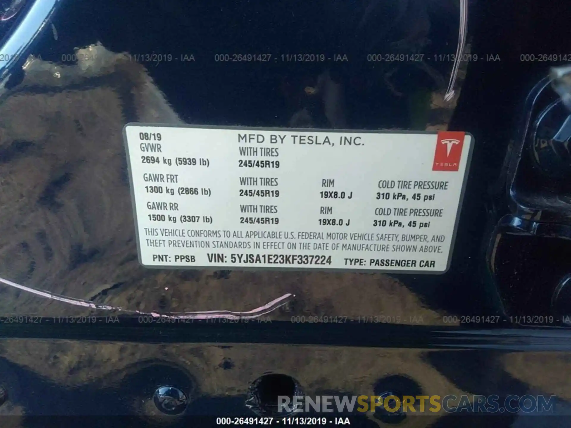 9 Photograph of a damaged car 5YJSA1E23KF337224 TESLA MODEL S 2019