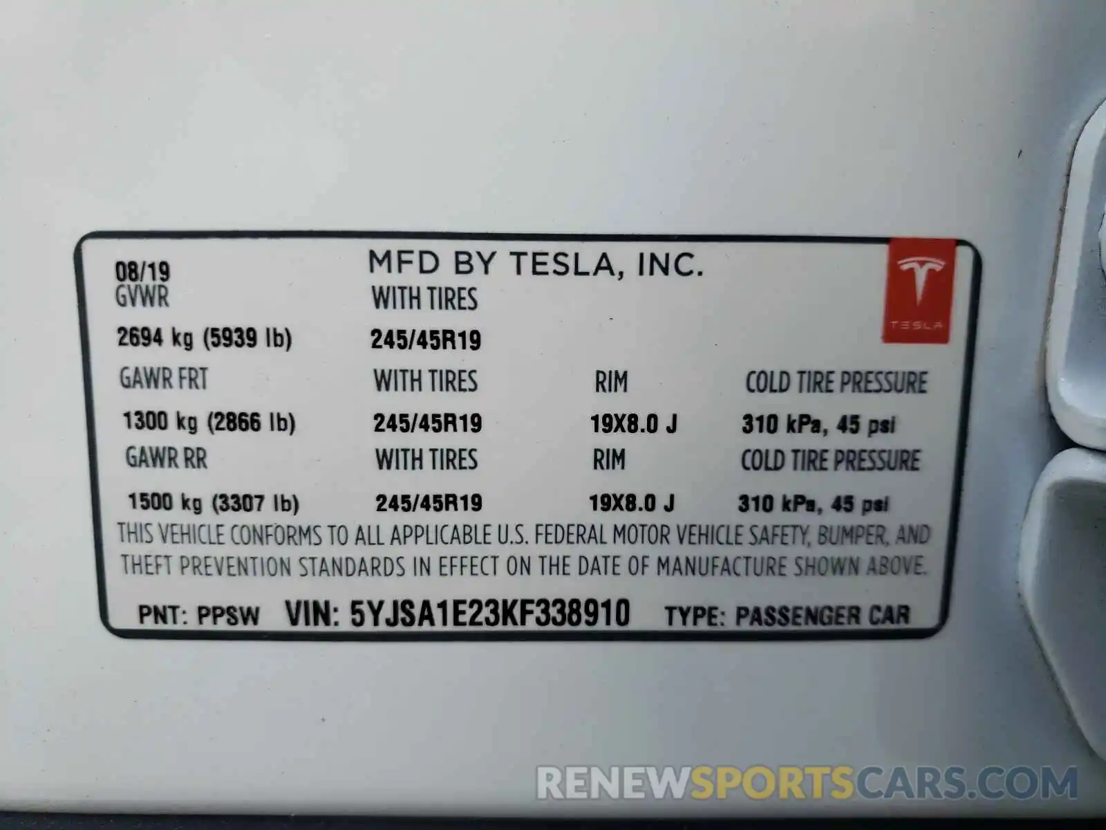 10 Photograph of a damaged car 5YJSA1E23KF338910 TESLA MODEL S 2019