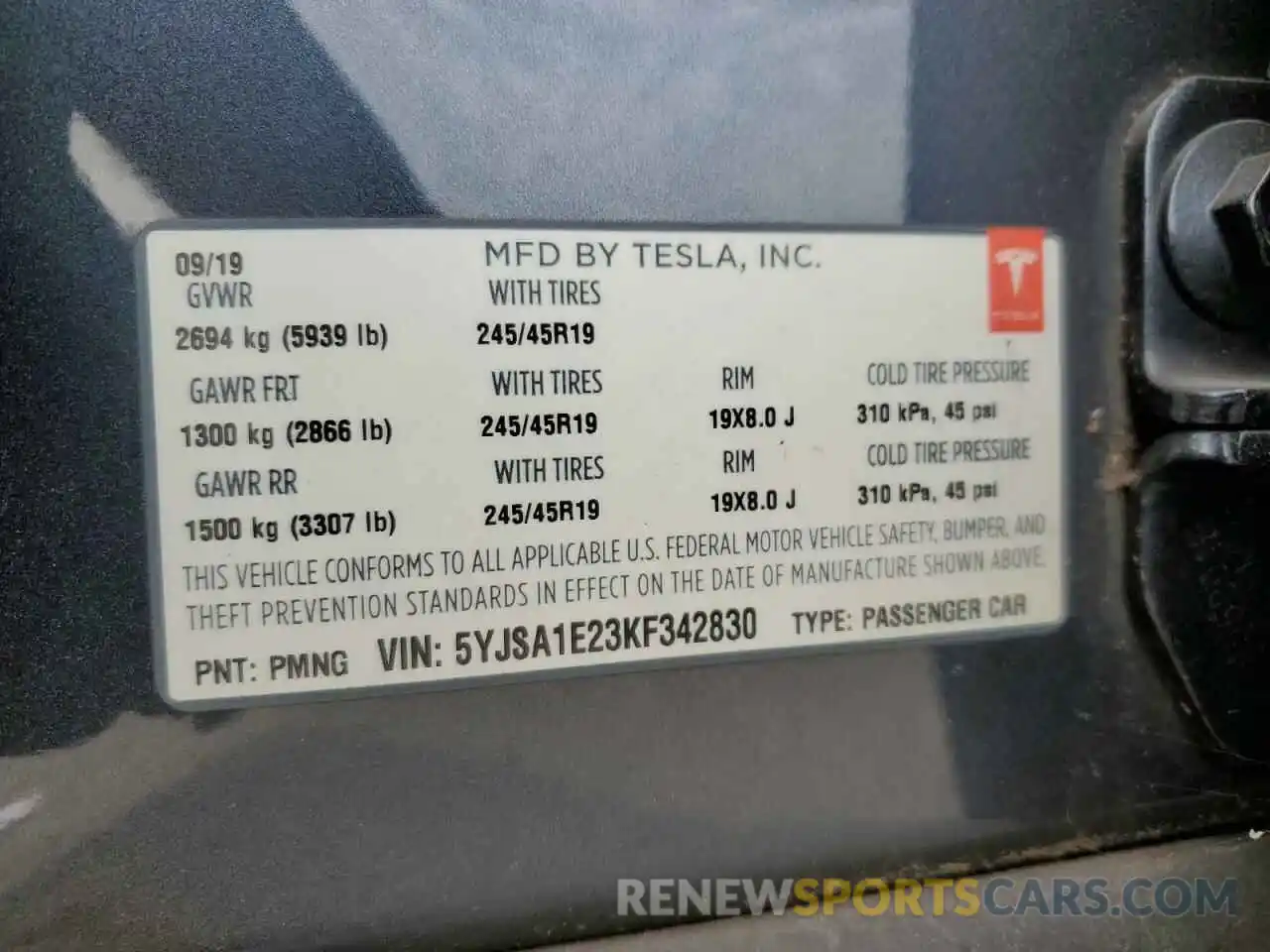 13 Photograph of a damaged car 5YJSA1E23KF342830 TESLA MODEL S 2019