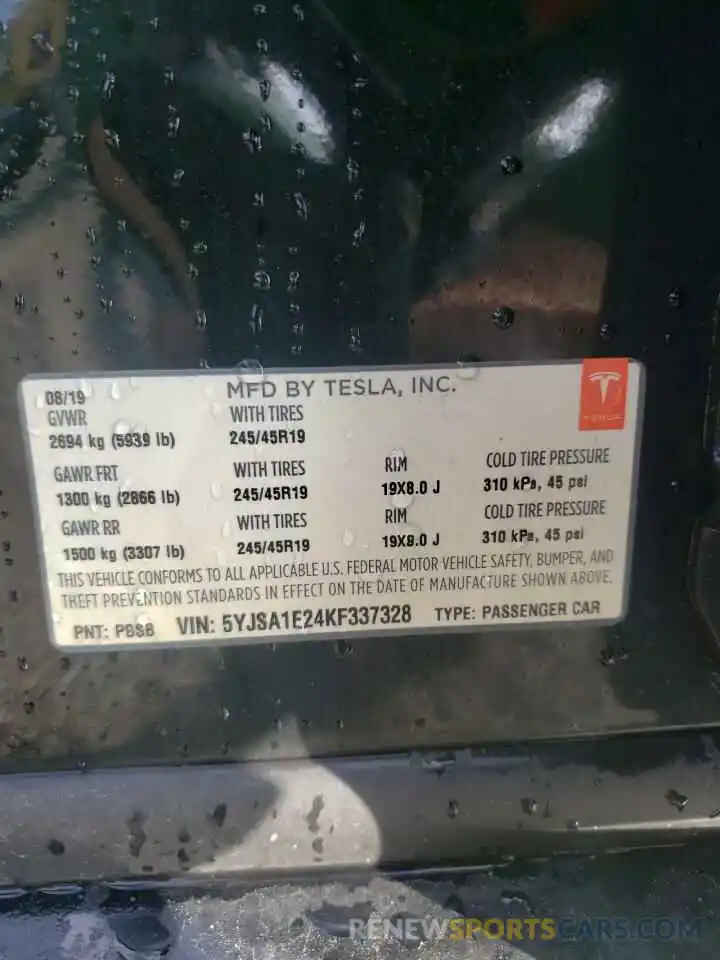 10 Photograph of a damaged car 5YJSA1E24KF337328 TESLA MODEL S 2019