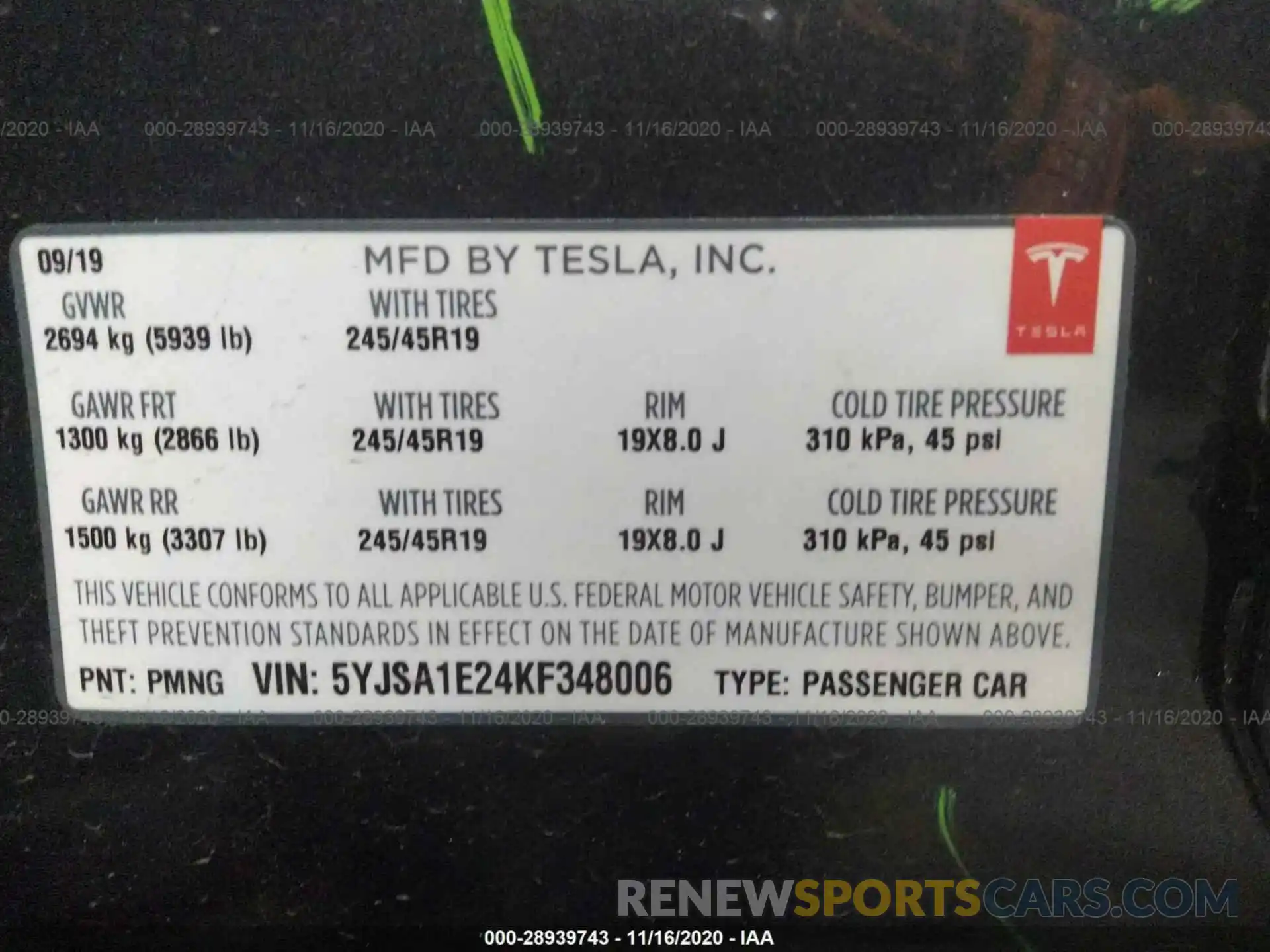 9 Photograph of a damaged car 5YJSA1E24KF348006 TESLA MODEL S 2019