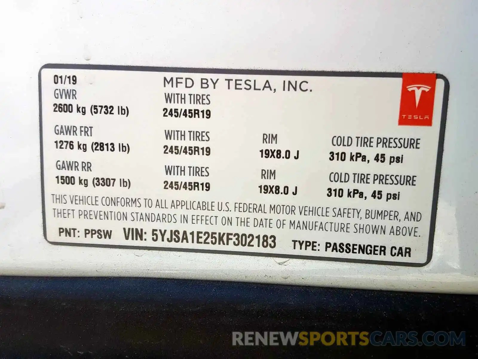 10 Photograph of a damaged car 5YJSA1E25KF302183 TESLA MODEL S 2019