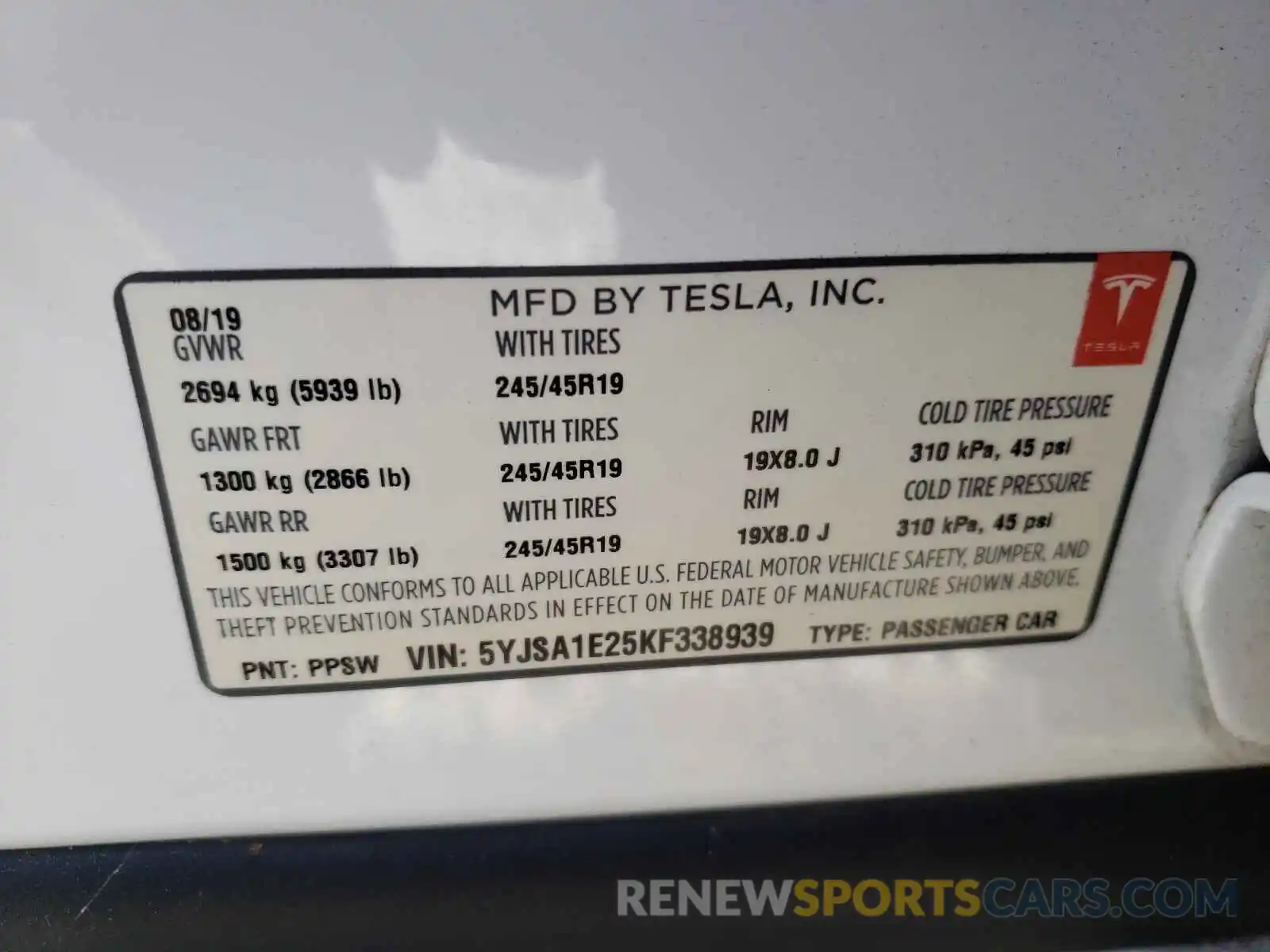 10 Photograph of a damaged car 5YJSA1E25KF338939 TESLA MODEL S 2019