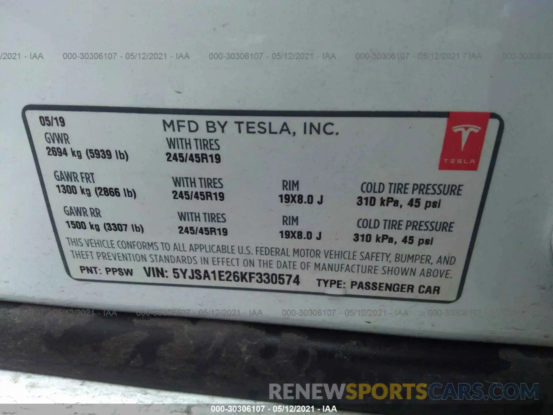 9 Photograph of a damaged car 5YJSA1E26KF330574 TESLA MODEL S 2019