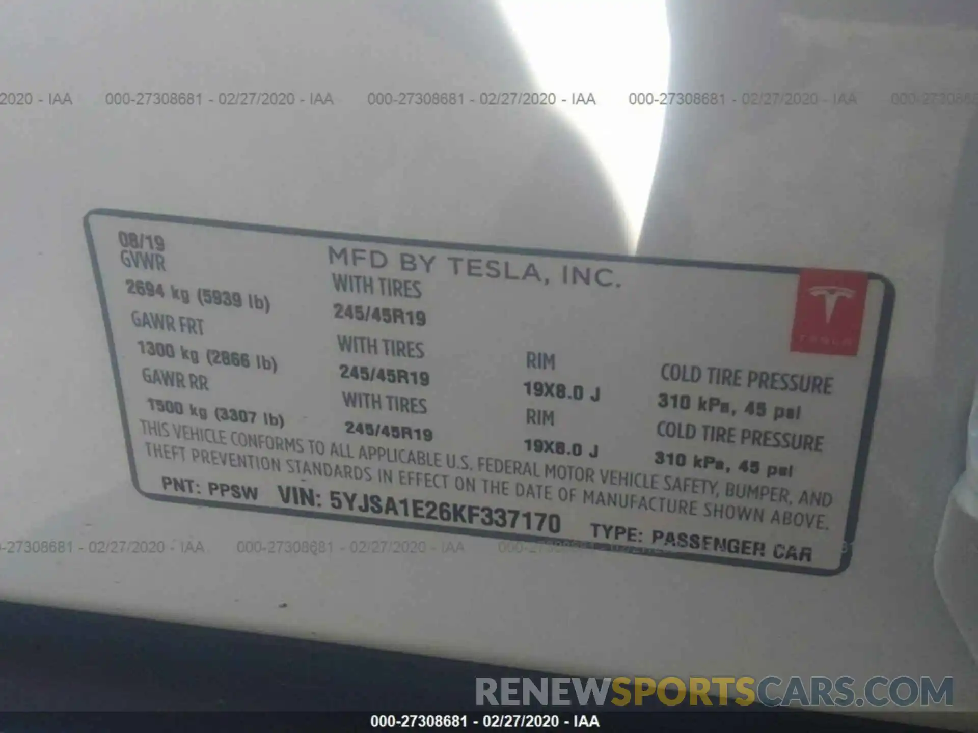 9 Photograph of a damaged car 5YJSA1E26KF337170 TESLA MODEL S 2019