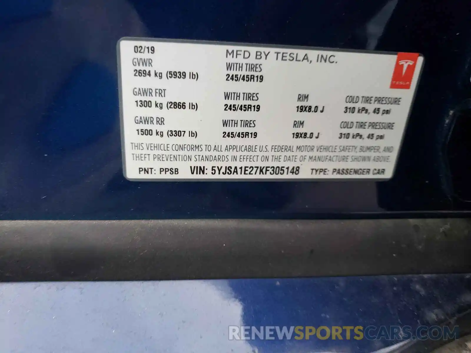 10 Photograph of a damaged car 5YJSA1E27KF305148 TESLA MODEL S 2019