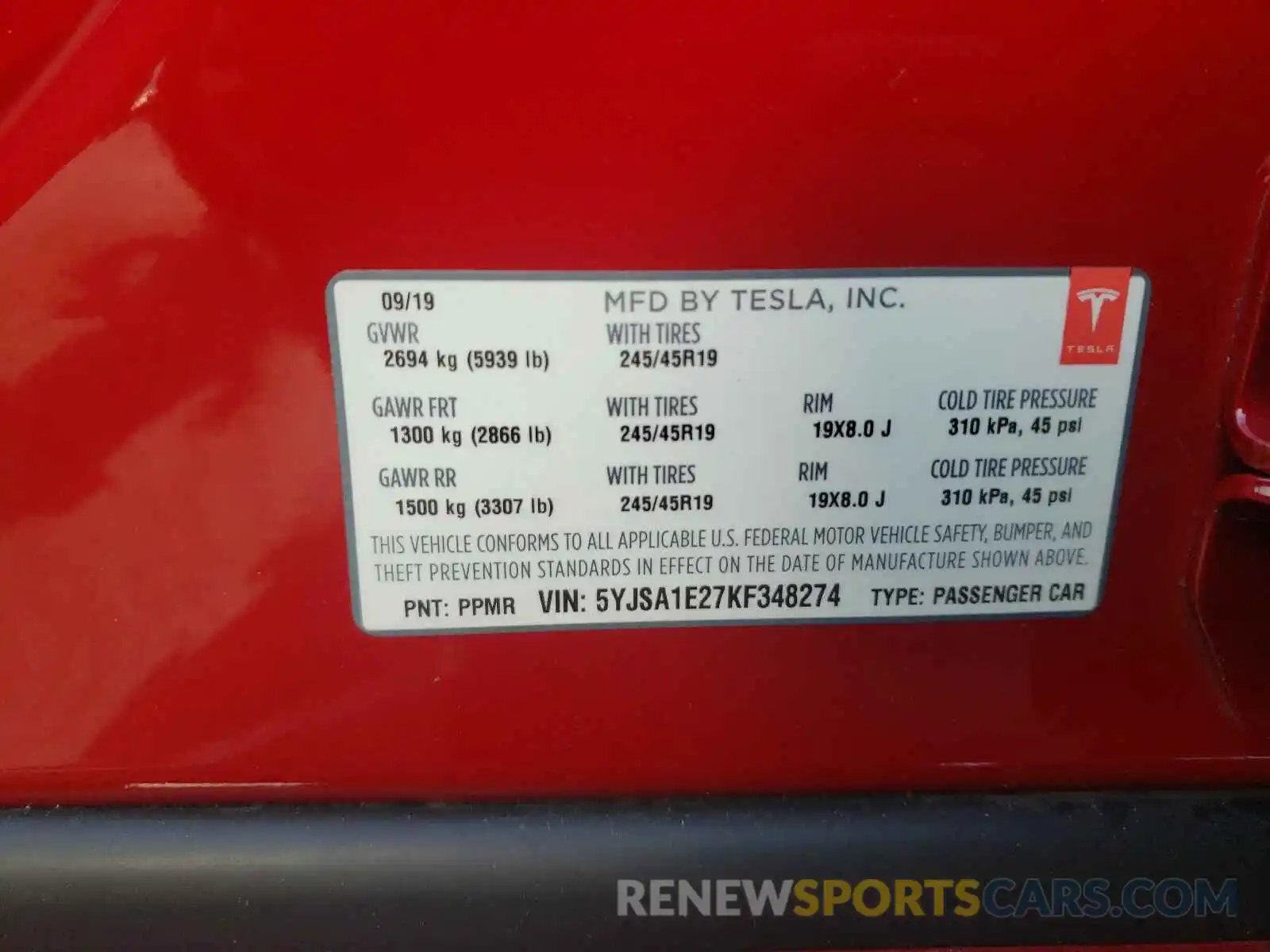 10 Photograph of a damaged car 5YJSA1E27KF348274 TESLA MODEL S 2019