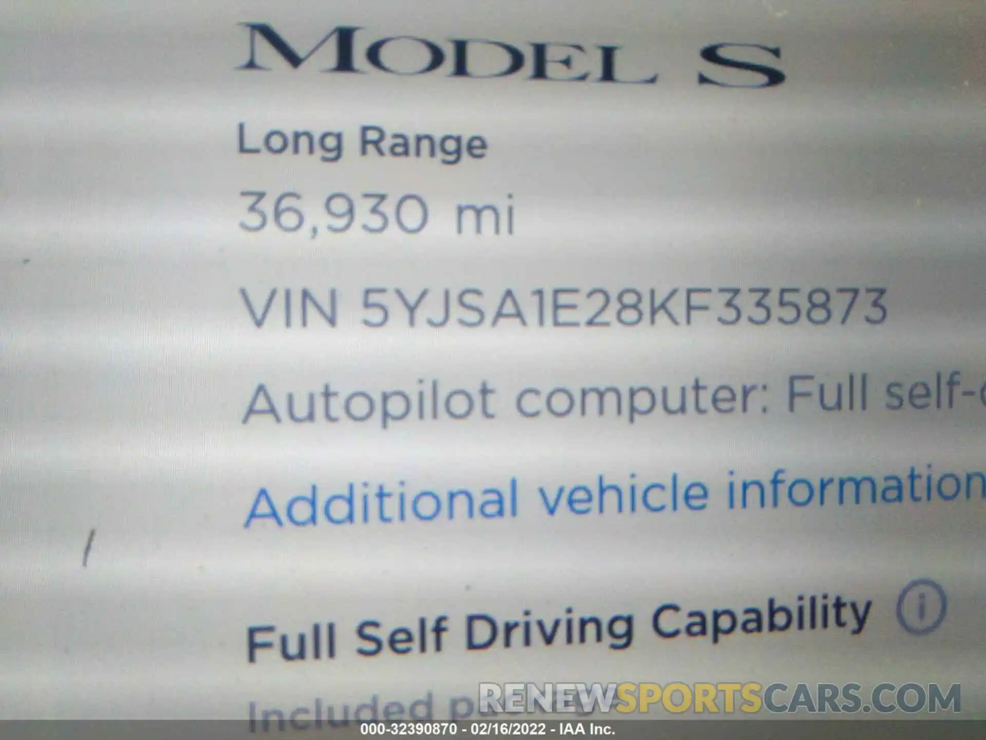 7 Фотография поврежденного автомобиля 5YJSA1E28KF335873 TESLA MODEL S 2019