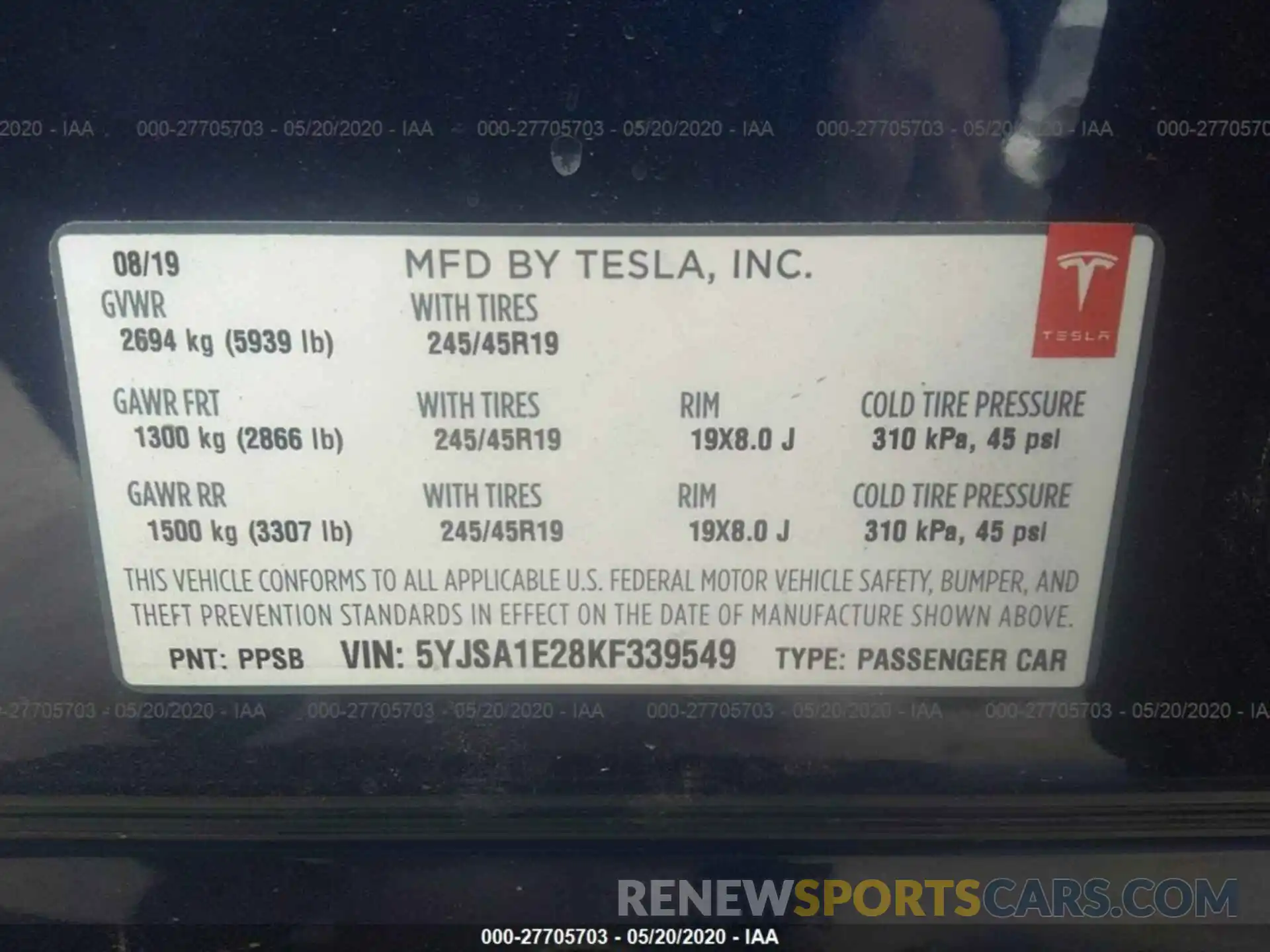 9 Photograph of a damaged car 5YJSA1E28KF339549 TESLA MODEL S 2019