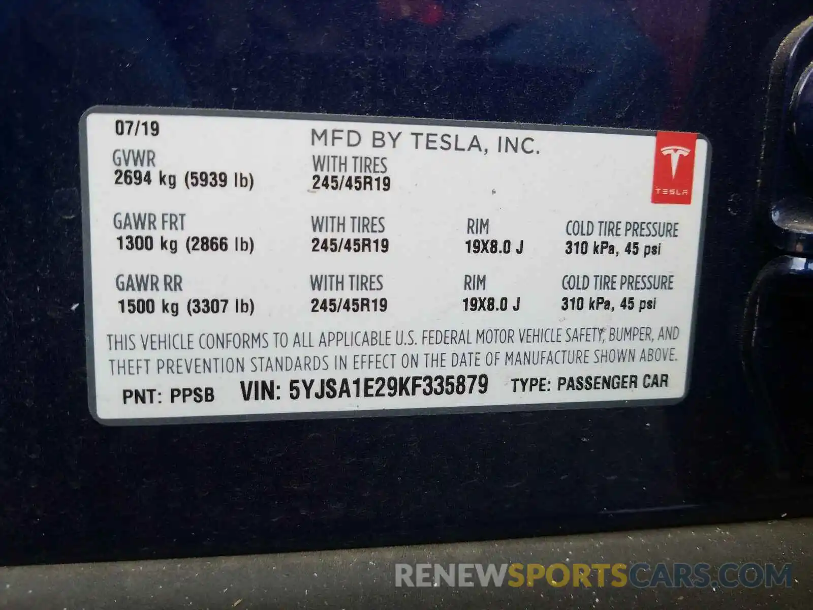 10 Photograph of a damaged car 5YJSA1E29KF335879 TESLA MODEL S 2019