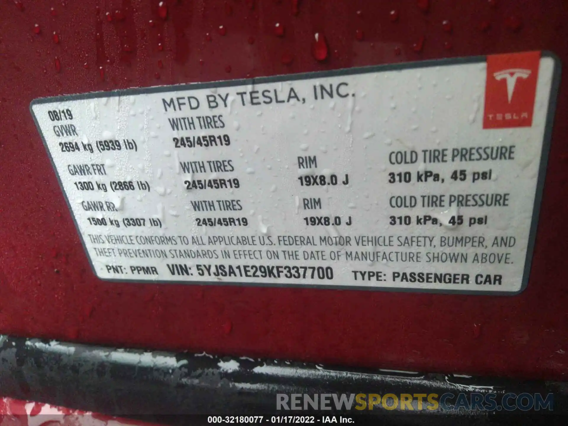 9 Photograph of a damaged car 5YJSA1E29KF337700 TESLA MODEL S 2019