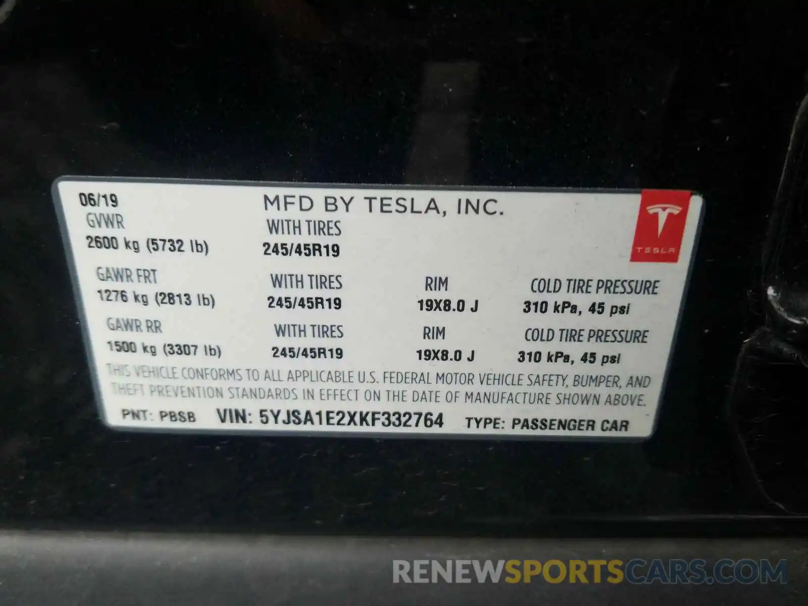 10 Photograph of a damaged car 5YJSA1E2XKF332764 TESLA MODEL S 2019