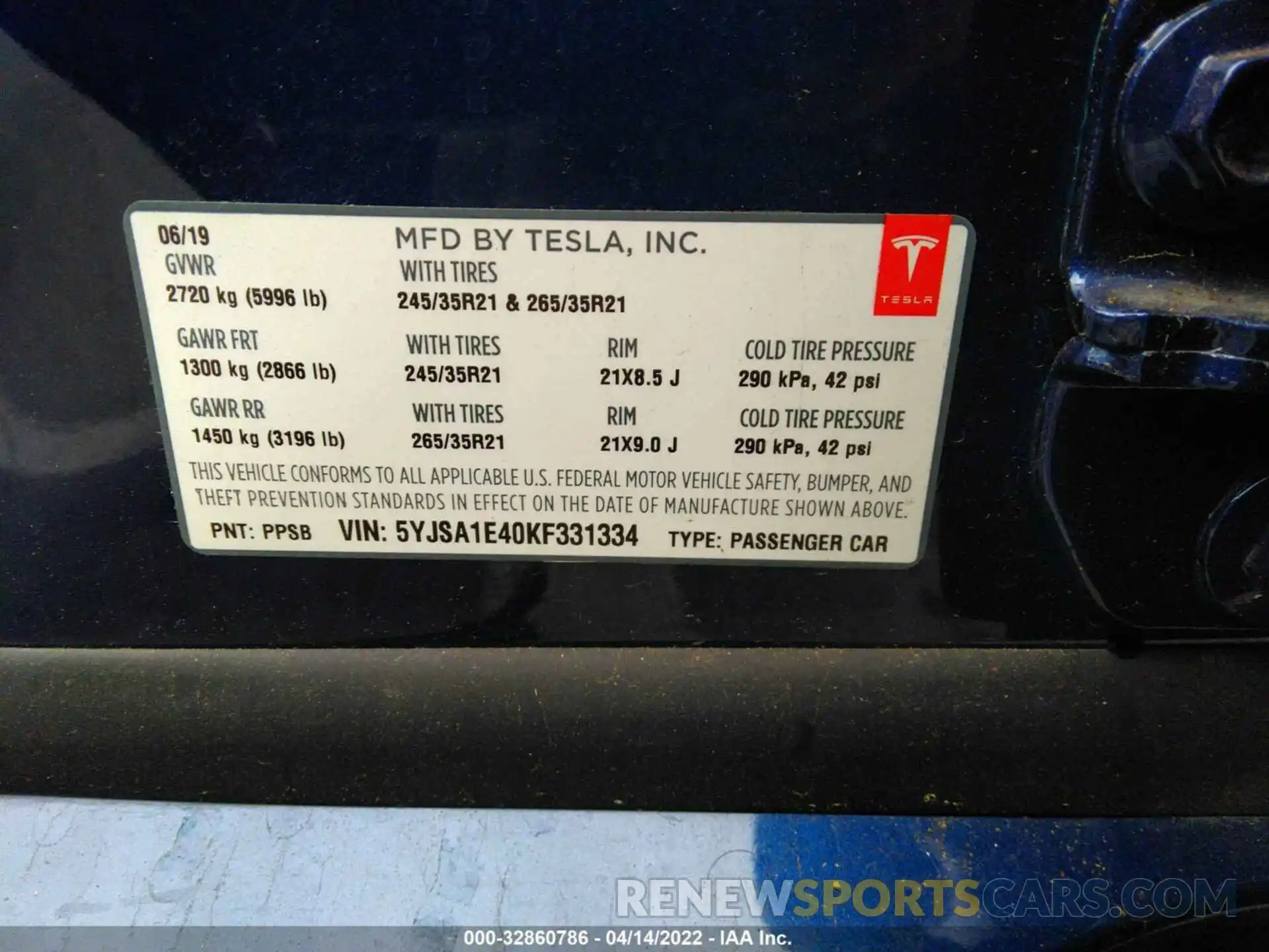 9 Фотография поврежденного автомобиля 5YJSA1E40KF331334 TESLA MODEL S 2019