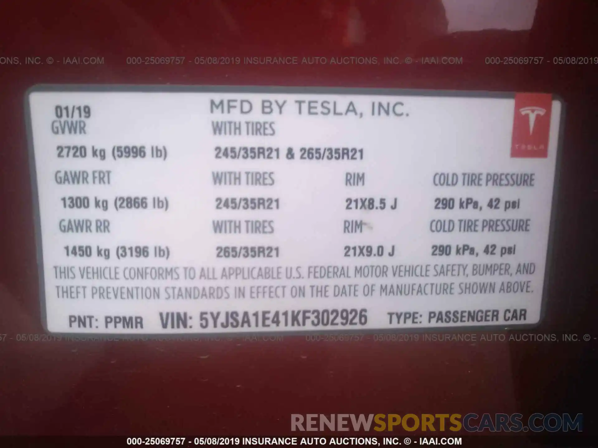 9 Фотография поврежденного автомобиля 5YJSA1E41KF302926 TESLA MODEL S 2019