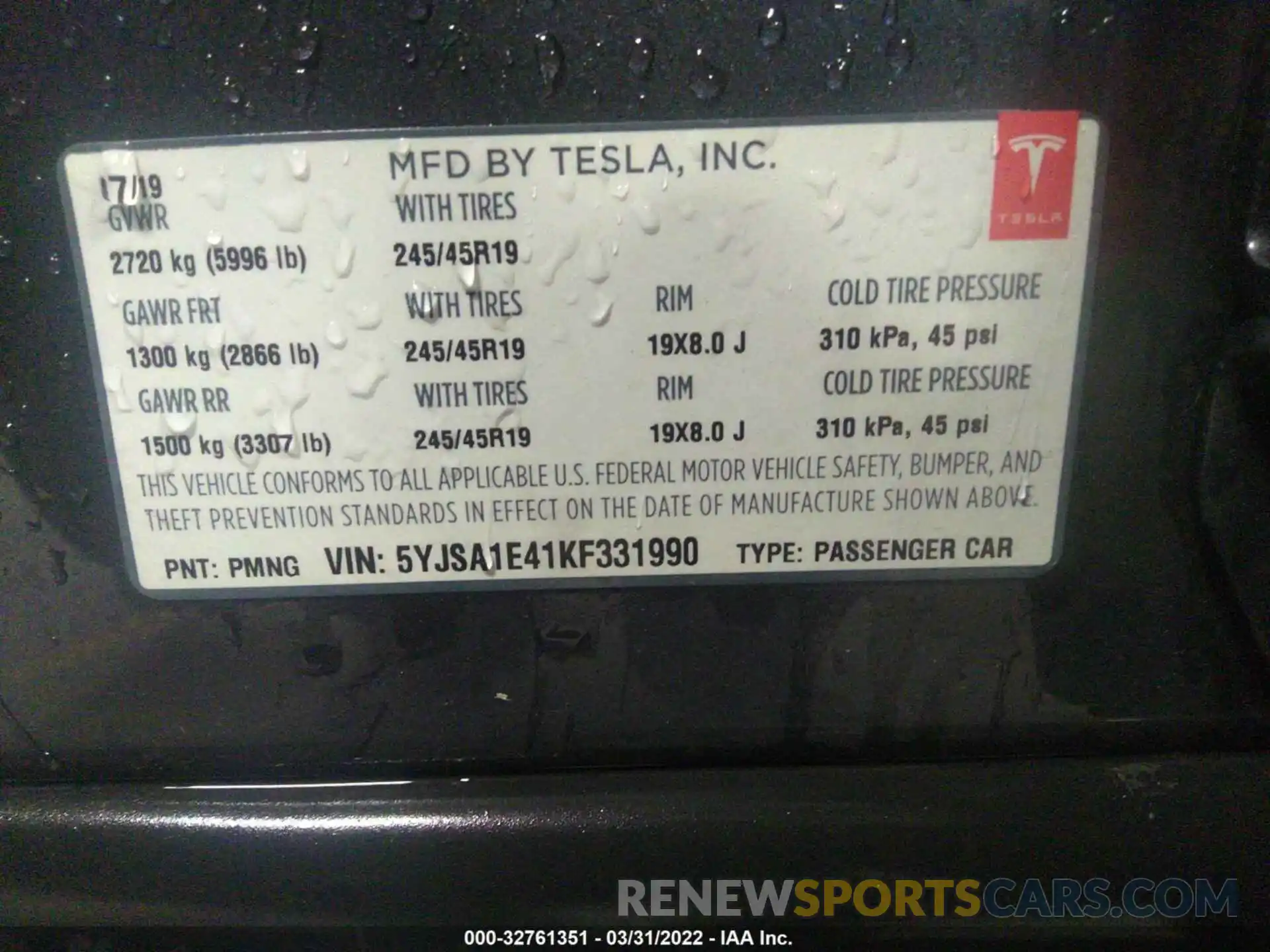 9 Photograph of a damaged car 5YJSA1E41KF331990 TESLA MODEL S 2019