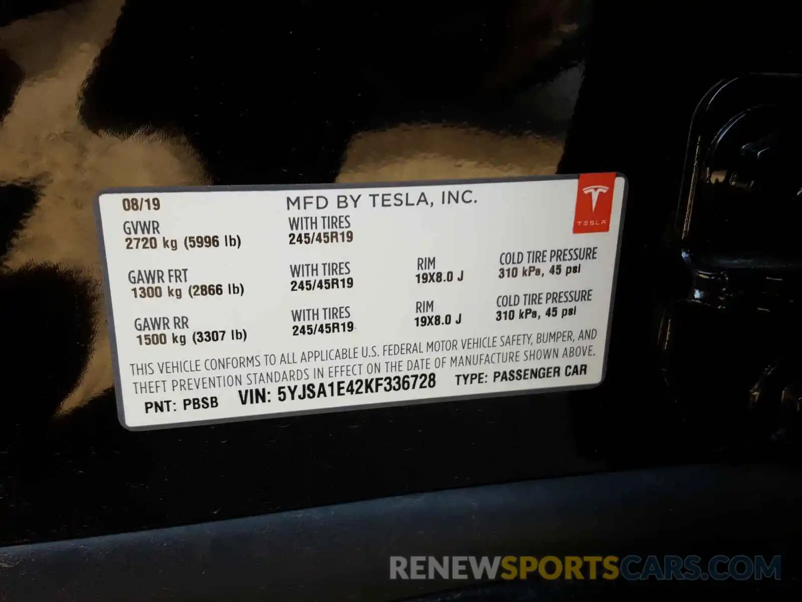 10 Photograph of a damaged car 5YJSA1E42KF336728 TESLA MODEL S 2019