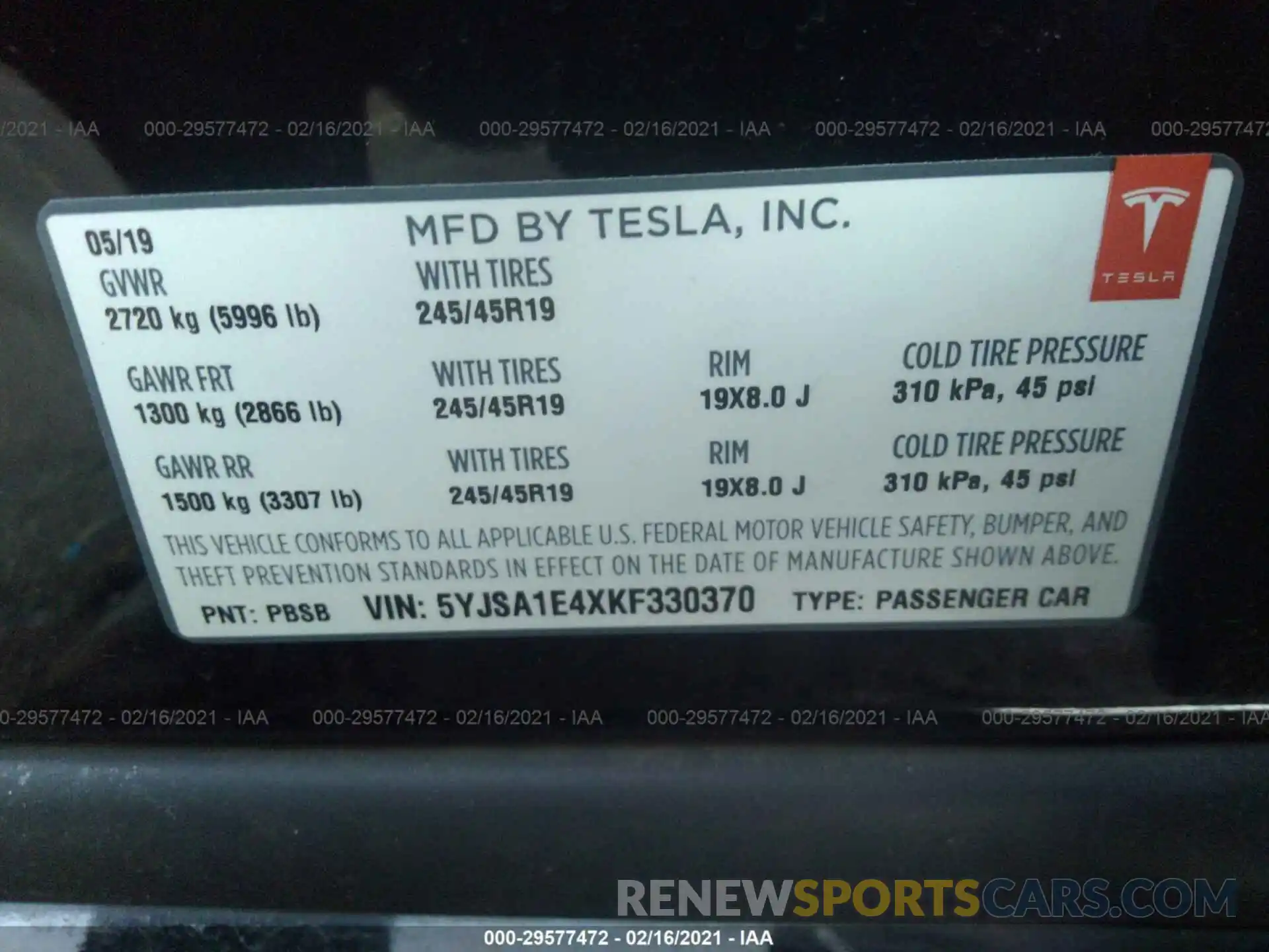 9 Photograph of a damaged car 5YJSA1E4XKF330370 TESLA MODEL S 2019