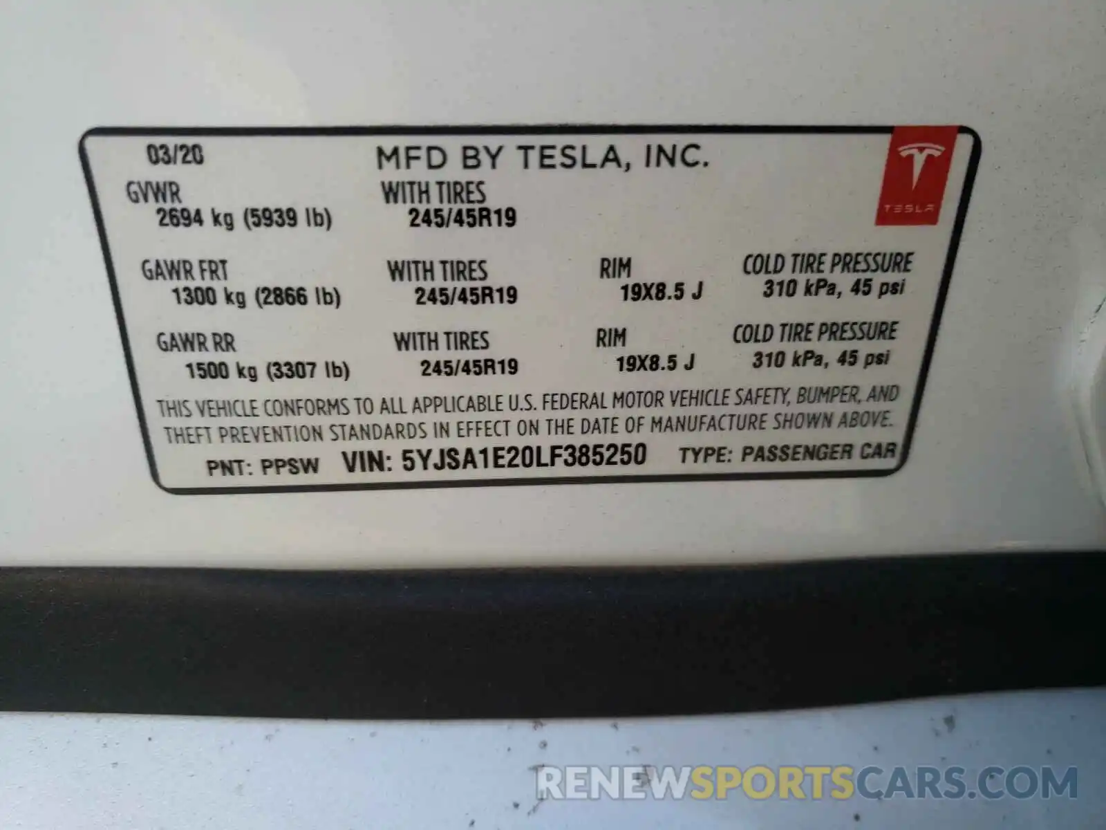 10 Photograph of a damaged car 5YJSA1E20LF385250 TESLA MODEL S 2020