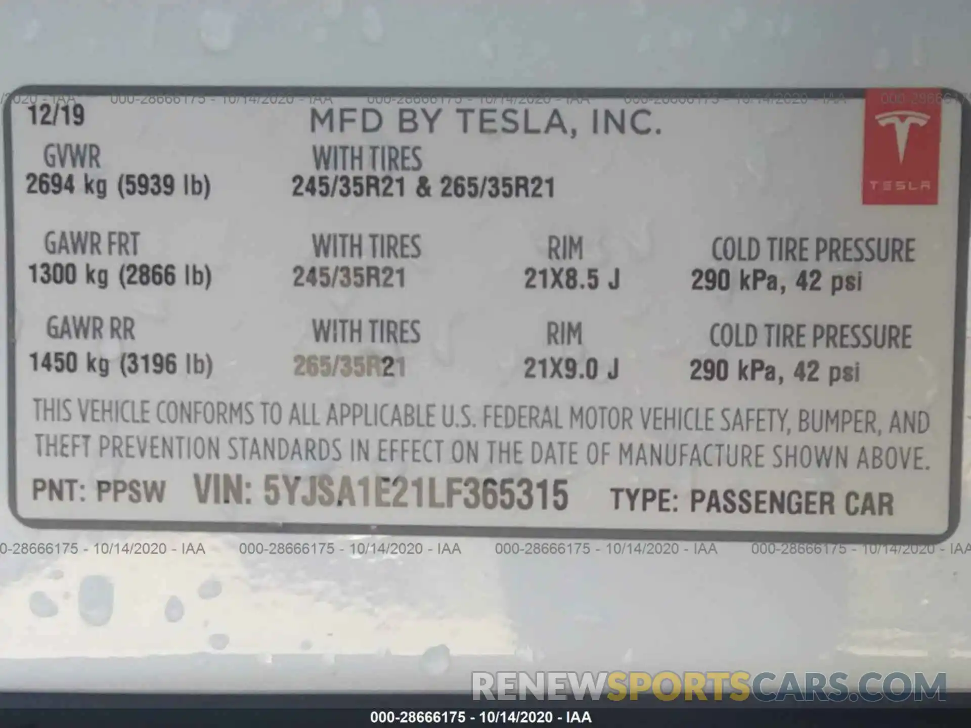 9 Фотография поврежденного автомобиля 5YJSA1E21LF365315 TESLA MODEL S 2020