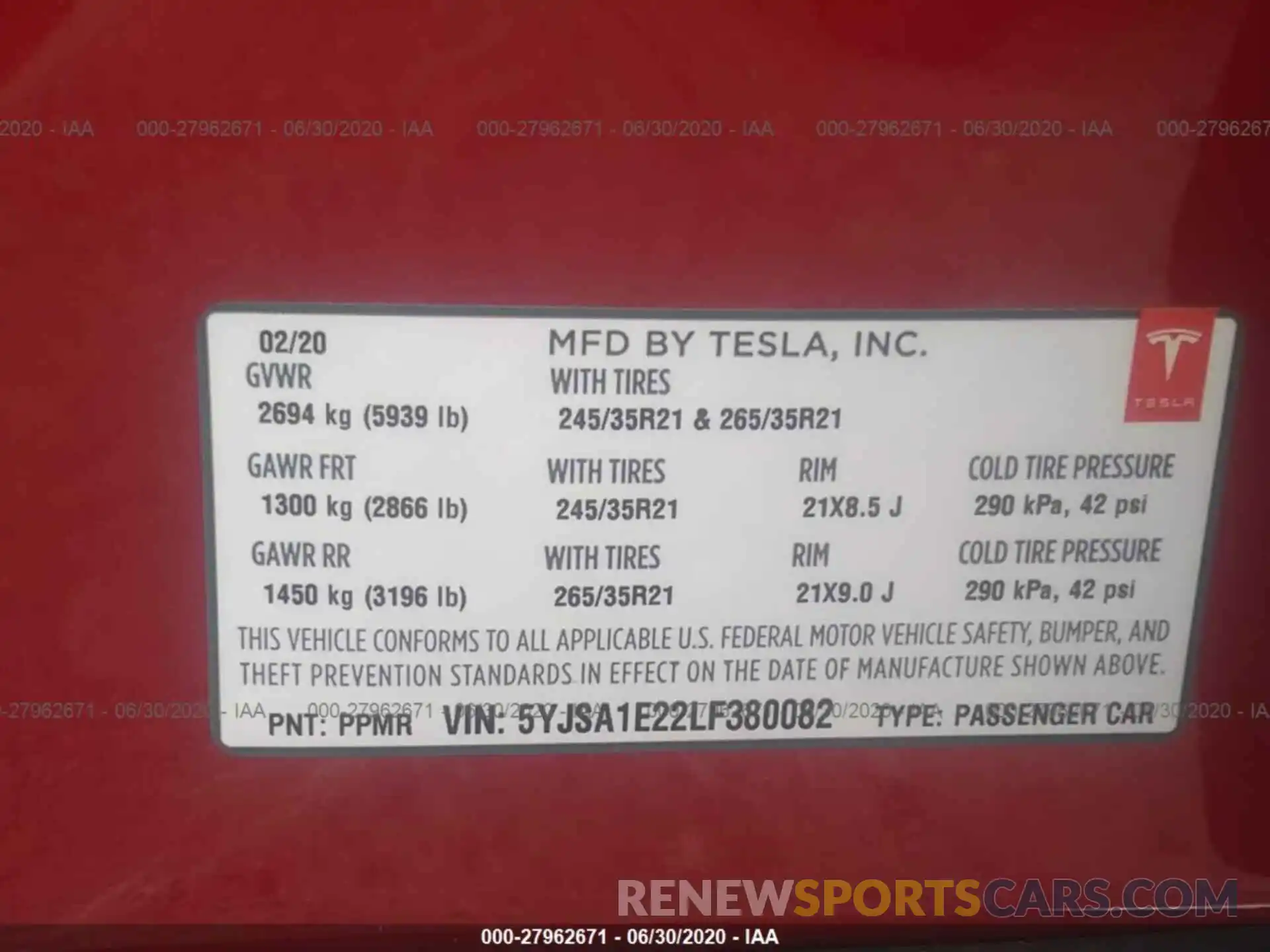 9 Photograph of a damaged car 5YJSA1E22LF380082 TESLA MODEL S 2020