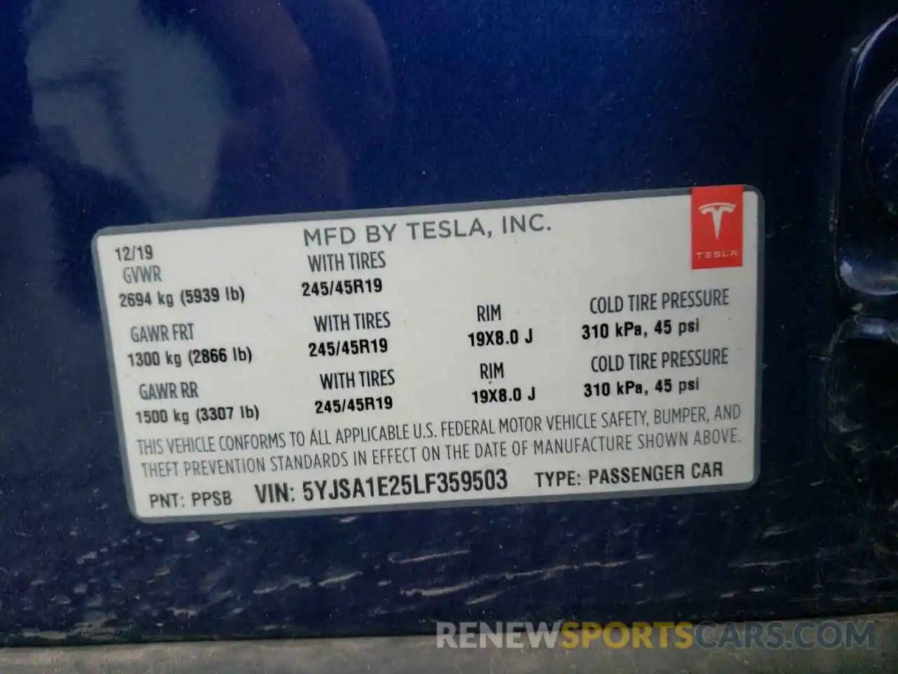 10 Photograph of a damaged car 5YJSA1E25LF359503 TESLA MODEL S 2020