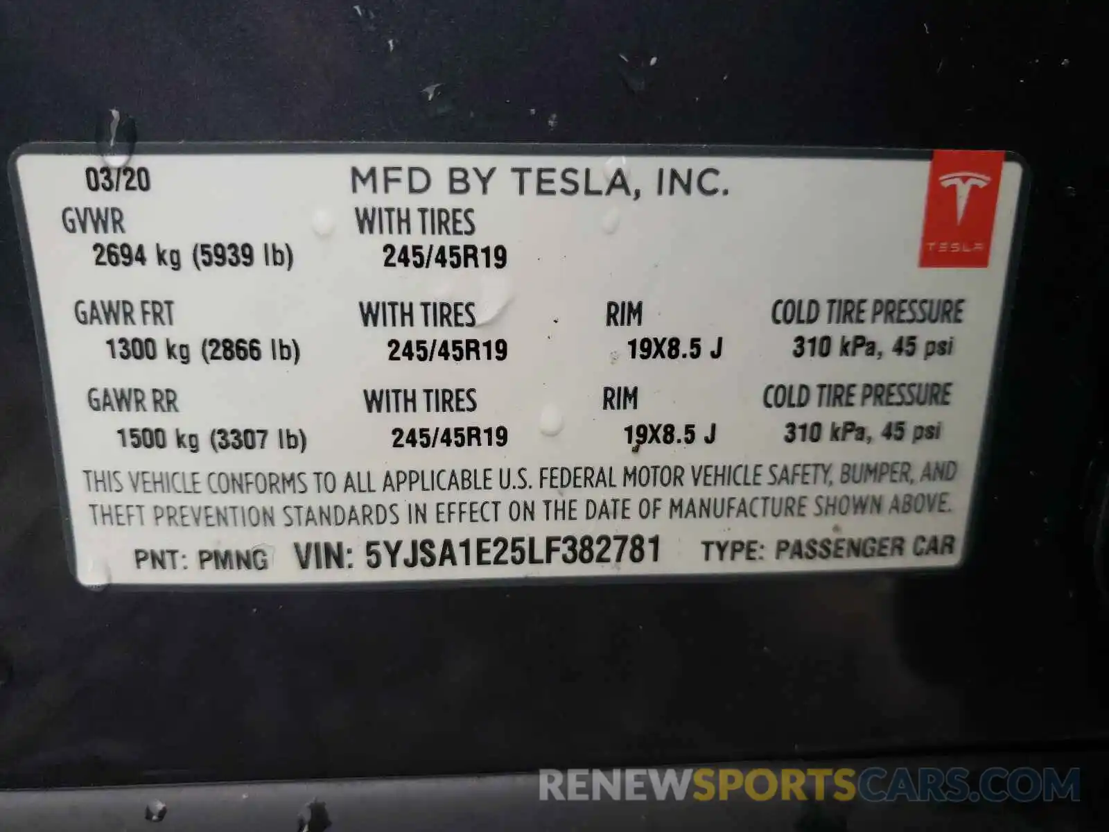 10 Photograph of a damaged car 5YJSA1E25LF382781 TESLA MODEL S 2020