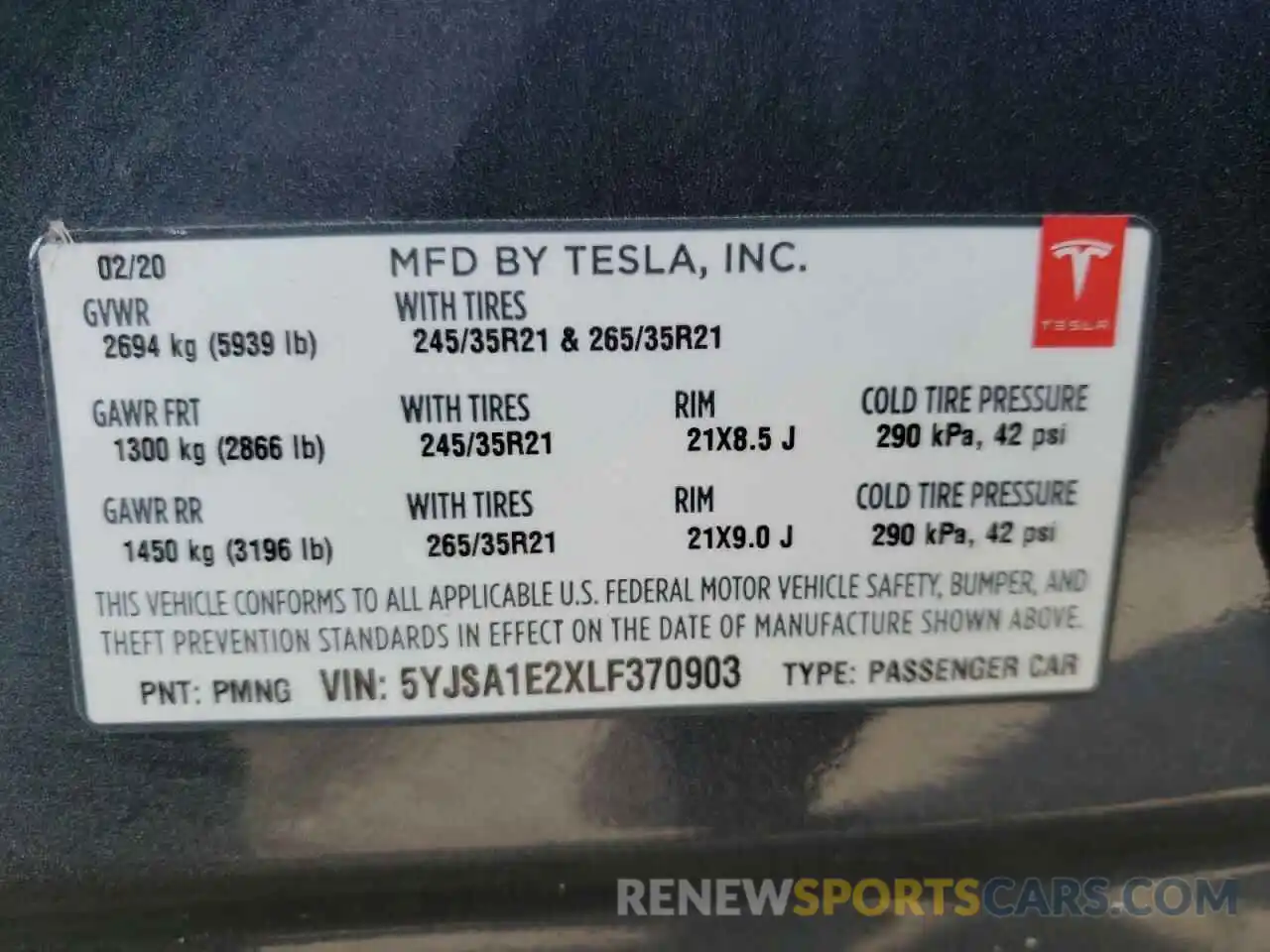 10 Photograph of a damaged car 5YJSA1E2XLF370903 TESLA MODEL S 2020