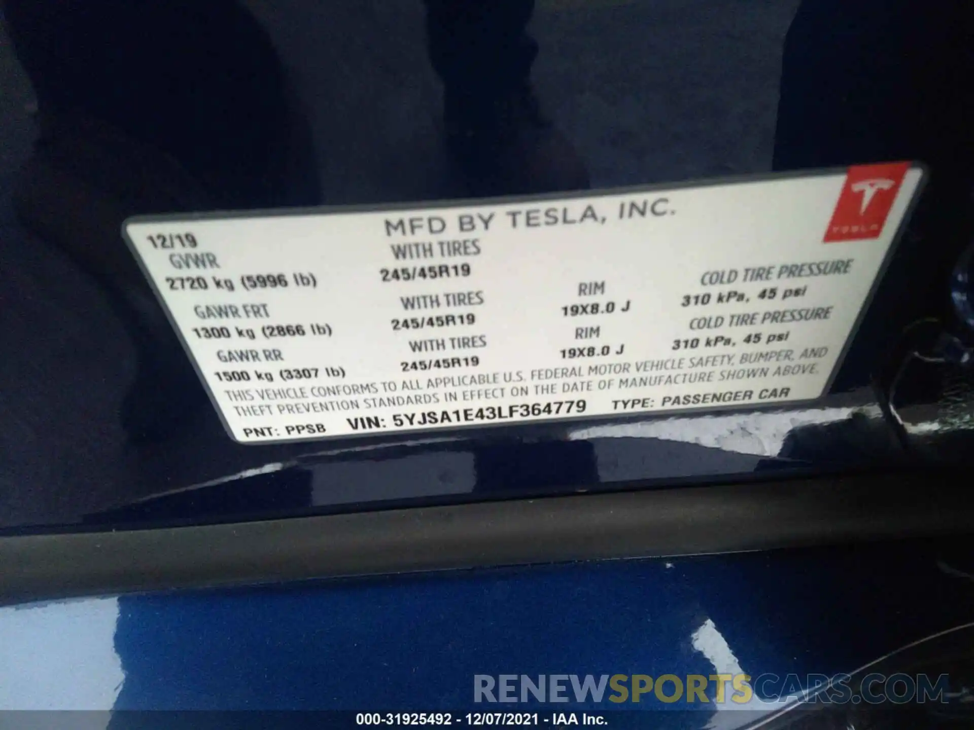 9 Фотография поврежденного автомобиля 5YJSA1E43LF364779 TESLA MODEL S 2020