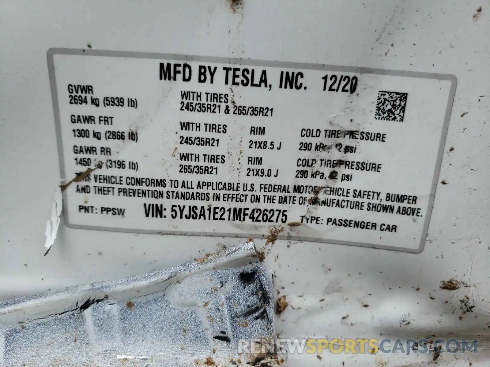 10 Photograph of a damaged car 5YJSA1E21MF426275 TESLA MODEL S 2021