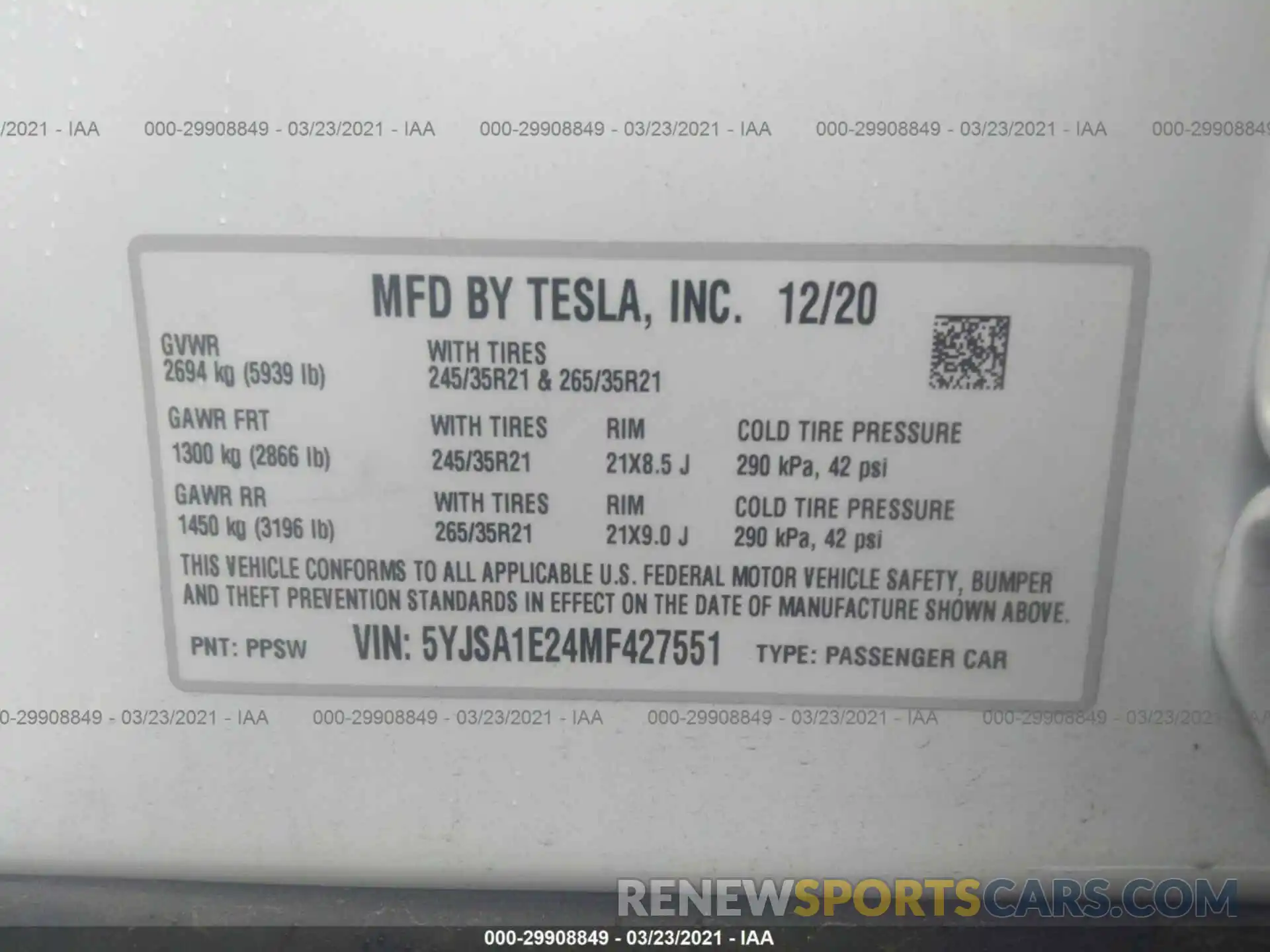 9 Photograph of a damaged car 5YJSA1E24MF427551 TESLA MODEL S 2021