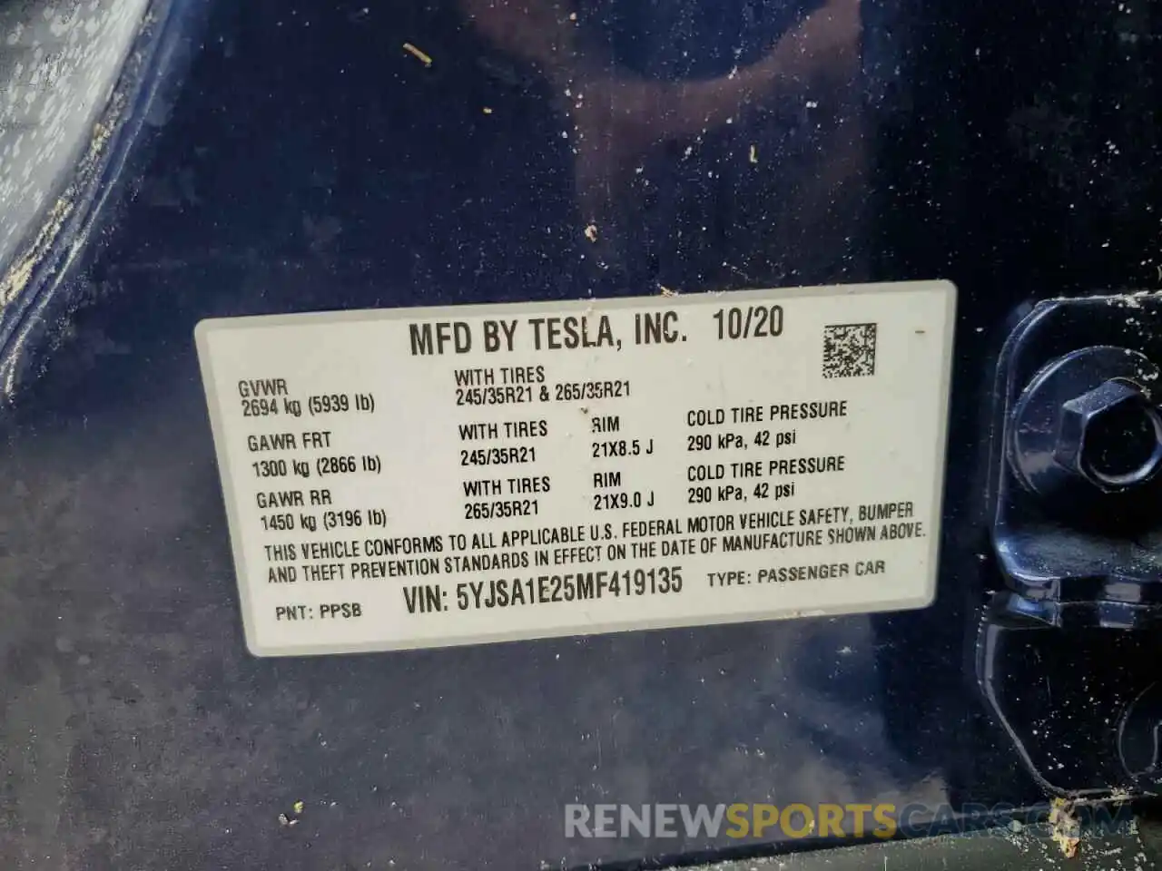 10 Photograph of a damaged car 5YJSA1E25MF419135 TESLA MODEL S 2021