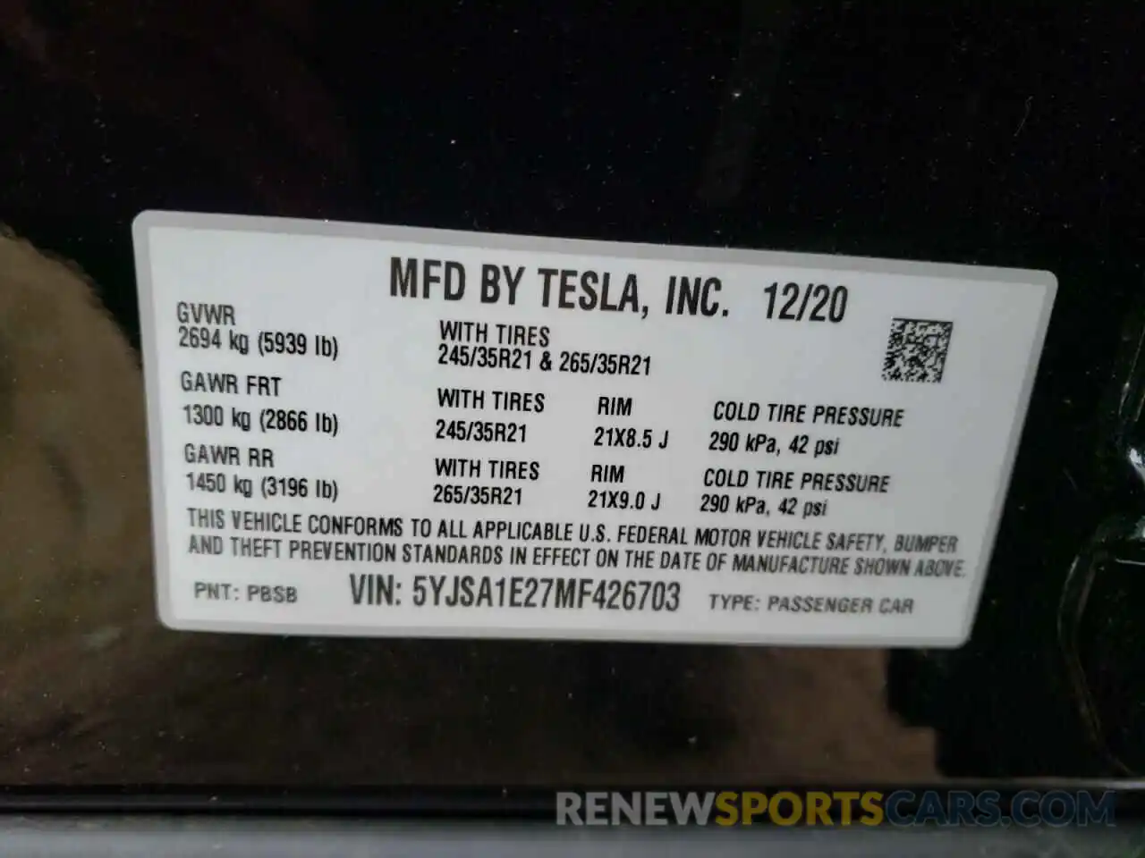 10 Photograph of a damaged car 5YJSA1E27MF426703 TESLA MODEL S 2021