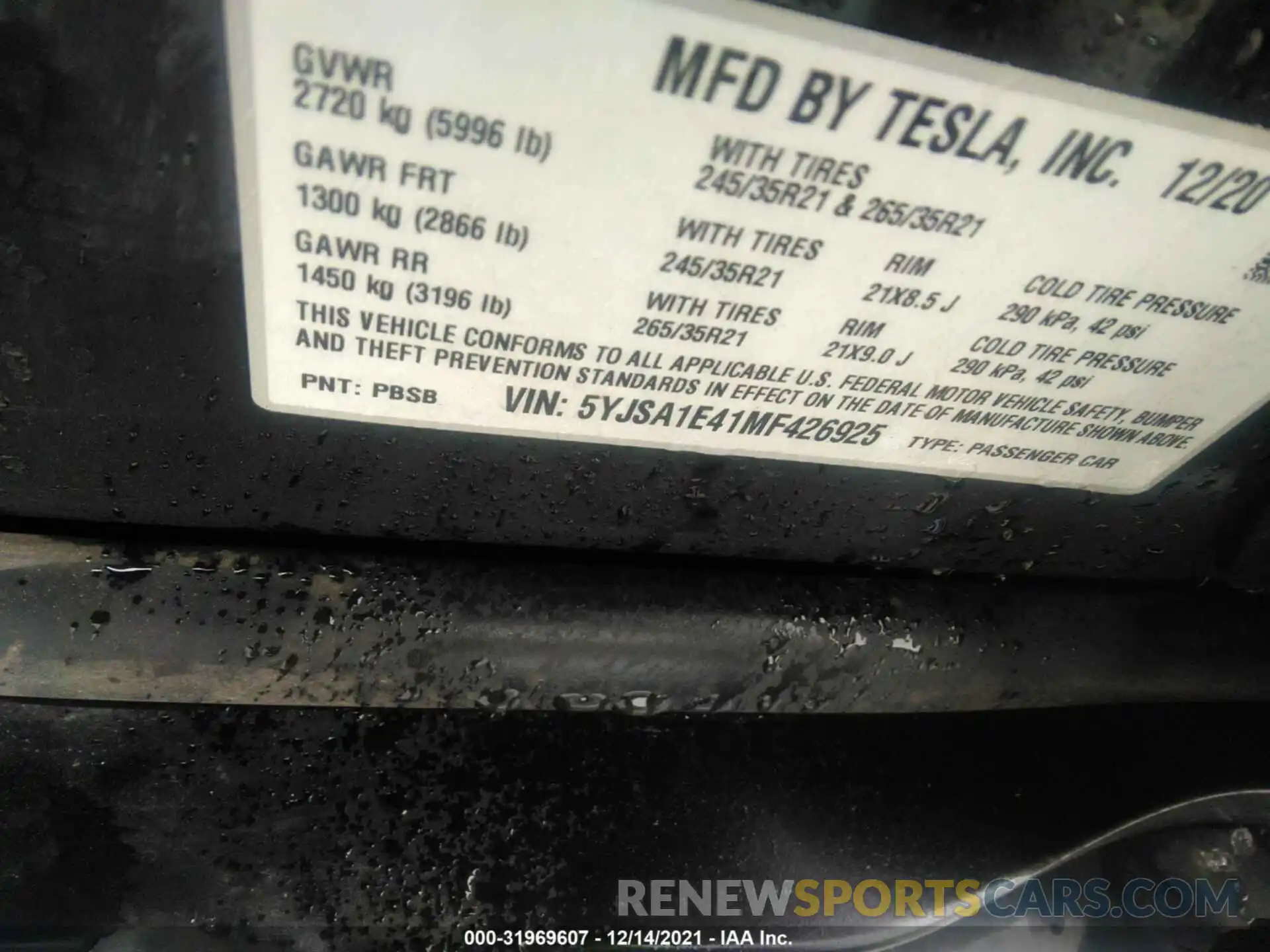 9 Photograph of a damaged car 5YJSA1E41MF426925 TESLA MODEL S 2021