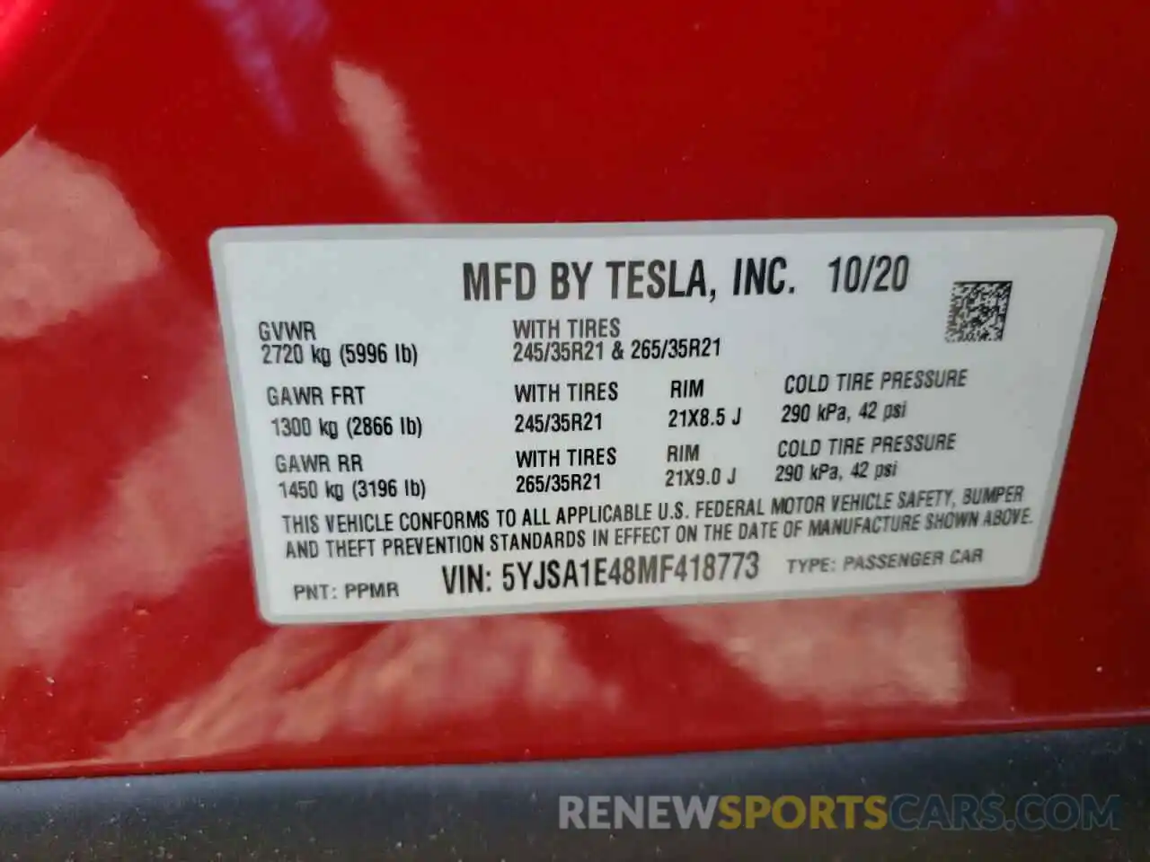 10 Photograph of a damaged car 5YJSA1E48MF418773 TESLA MODEL S 2021