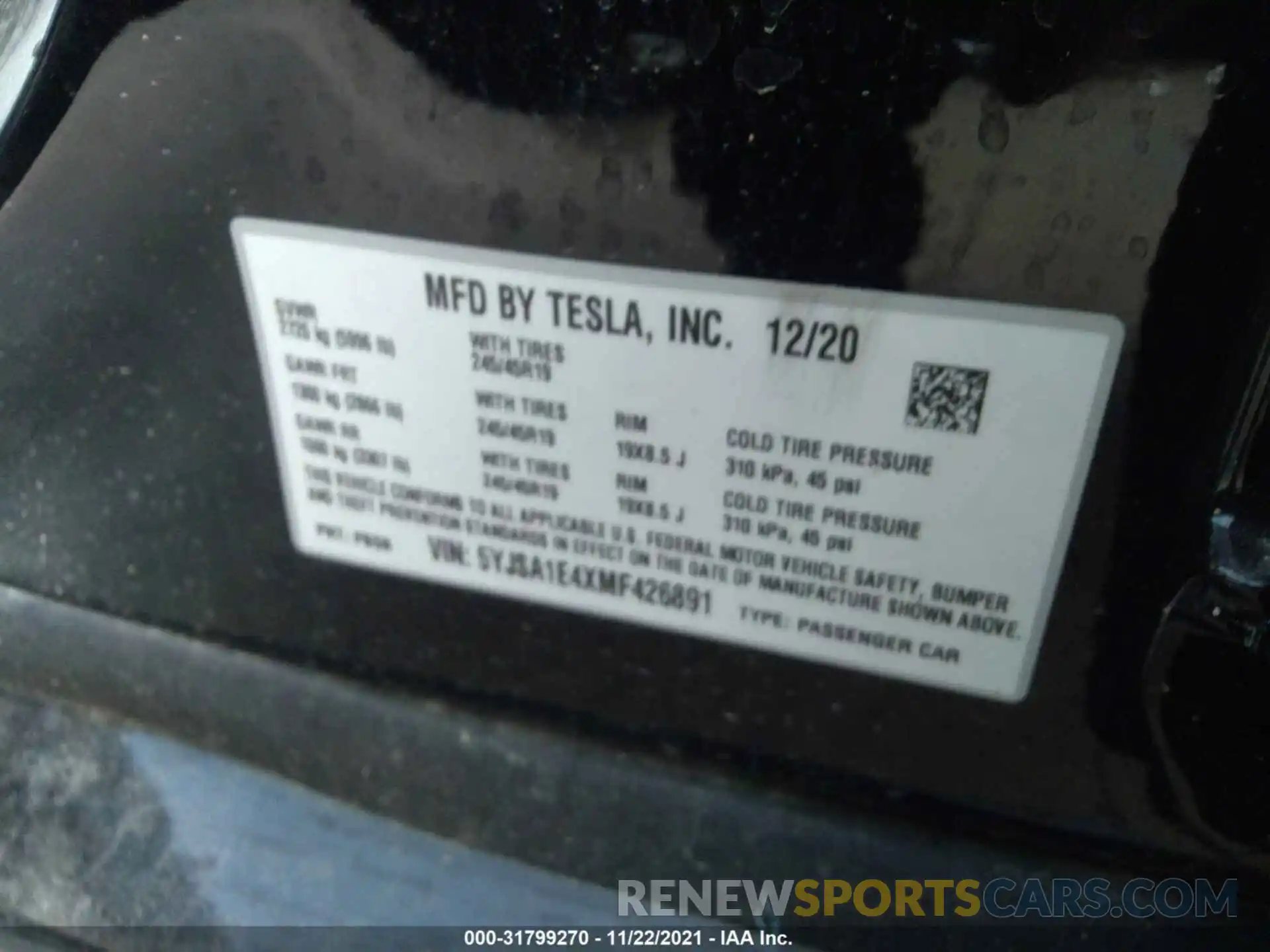 9 Фотография поврежденного автомобиля 5YJSA1E4XMF426891 TESLA MODEL S 2021